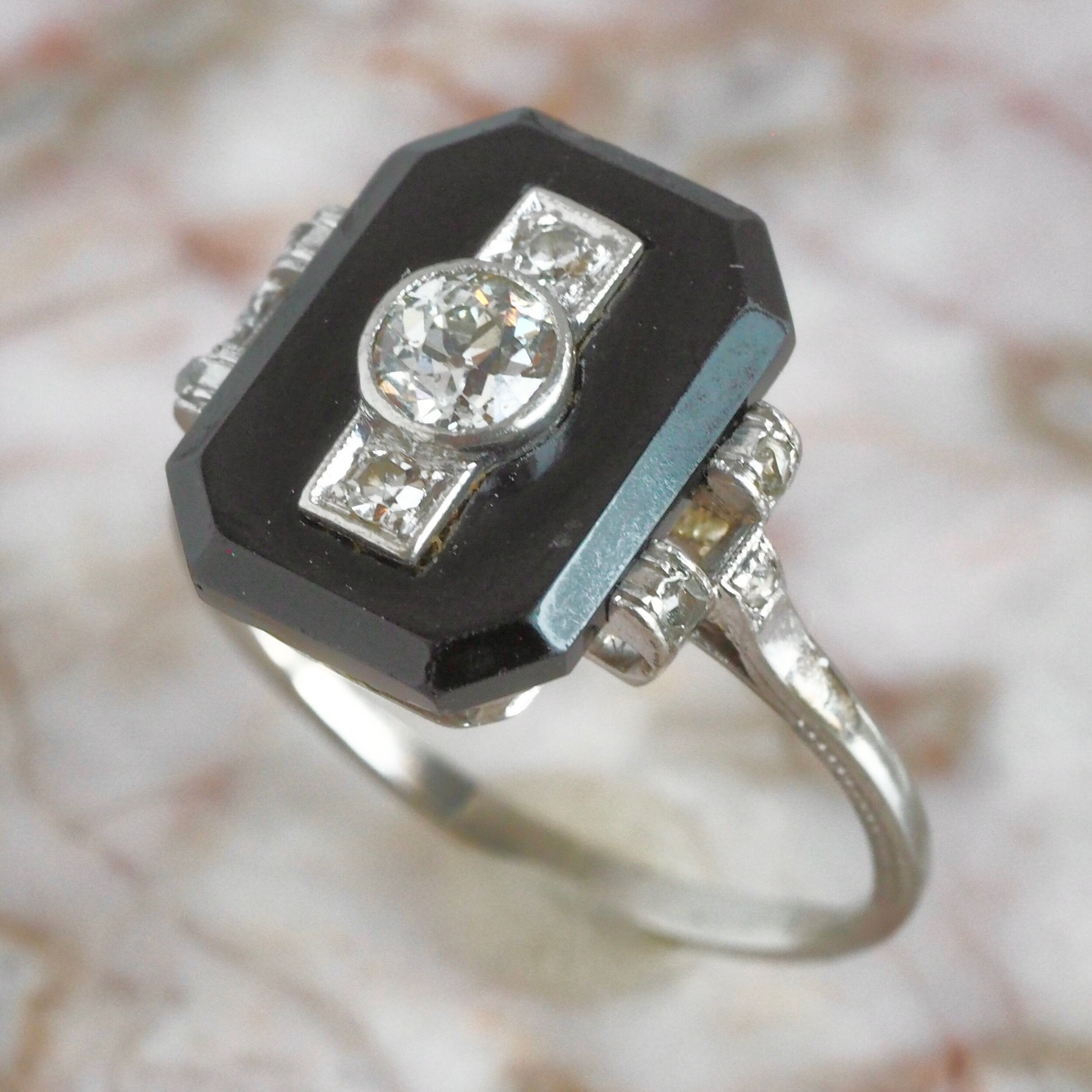 Art Deco 14k White Gold Old Mine Cut and Rose Cut Diamond and Onyx Ring