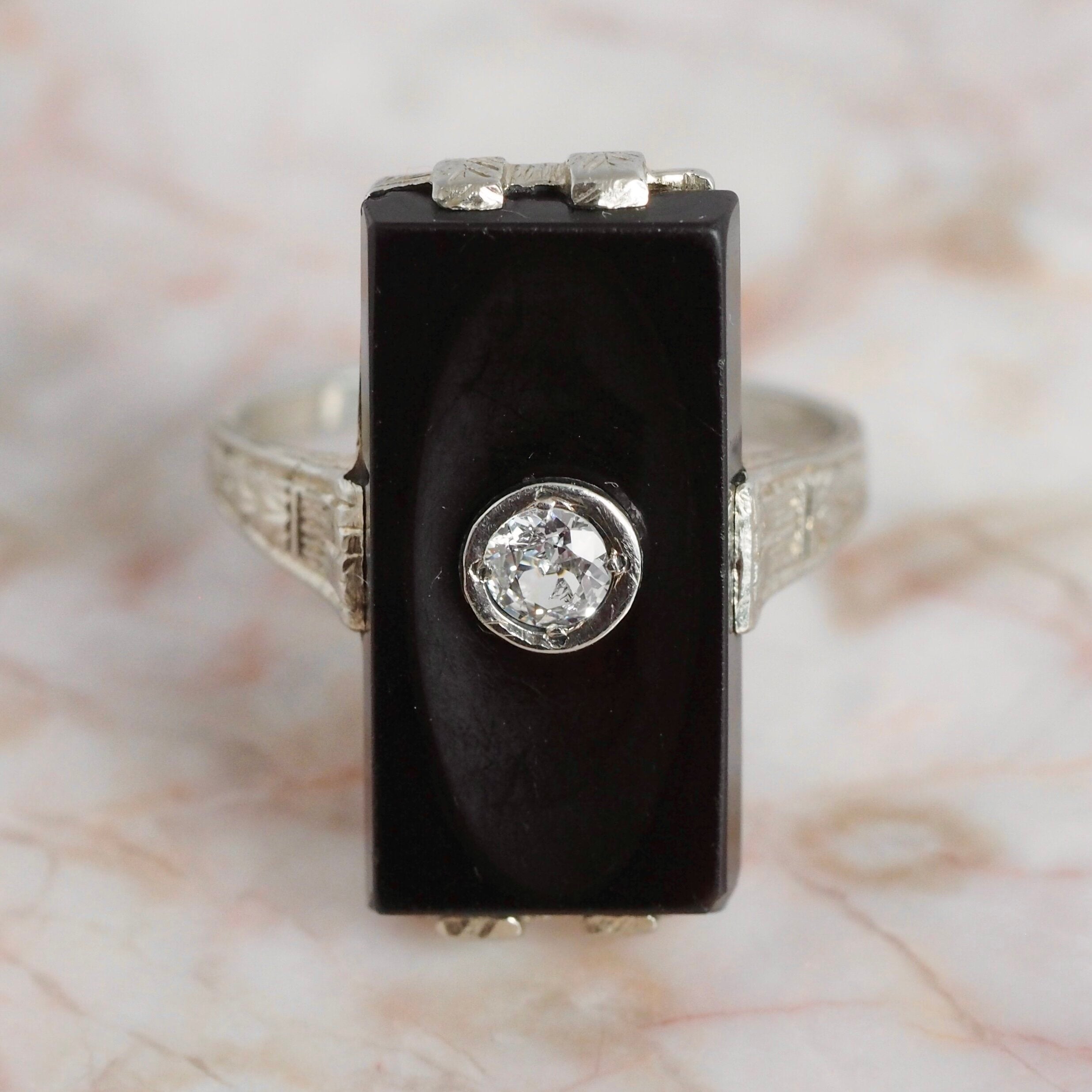 Art Deco 14k White Gold Onyx and Old European Cut Diamond Ring