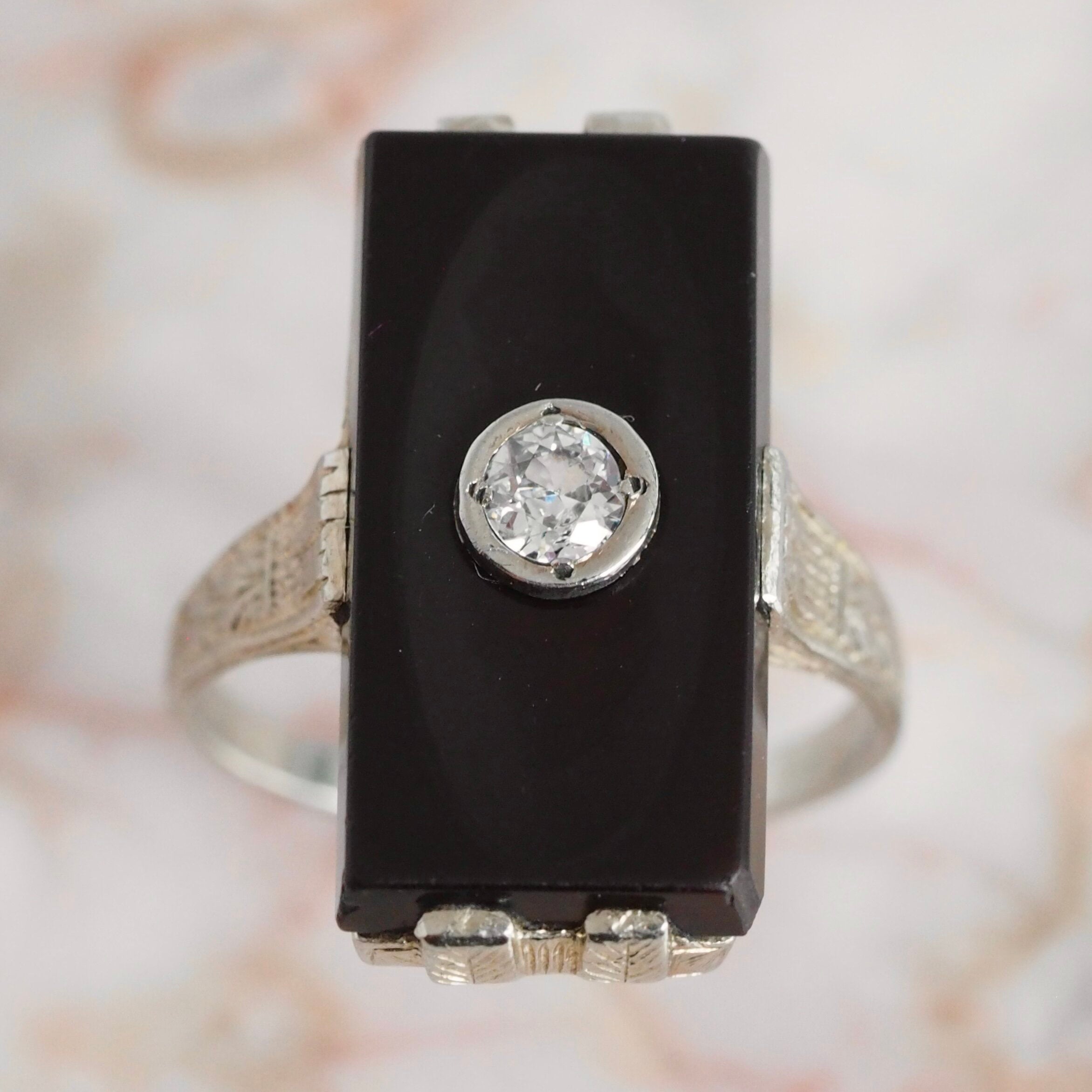 Art Deco 14k White Gold Onyx and Old European Cut Diamond Ring