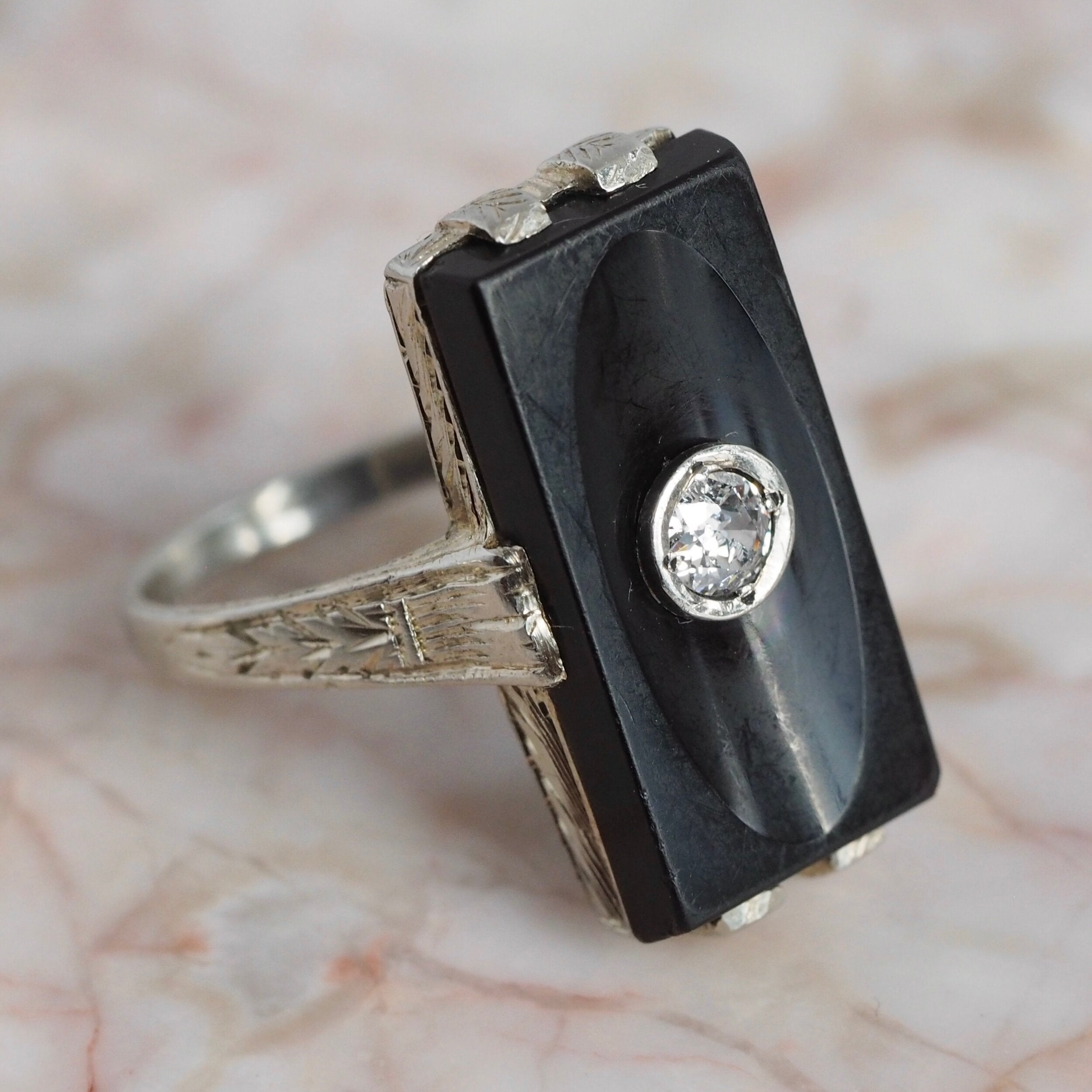 Art Deco 14k White Gold Onyx and Old European Cut Diamond Ring