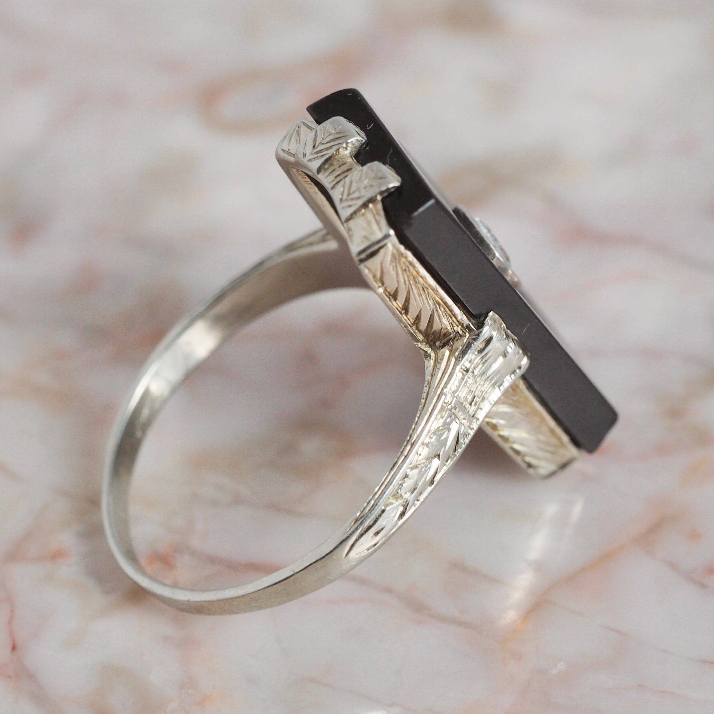 Art Deco 14k White Gold Onyx and Old European Cut Diamond Ring