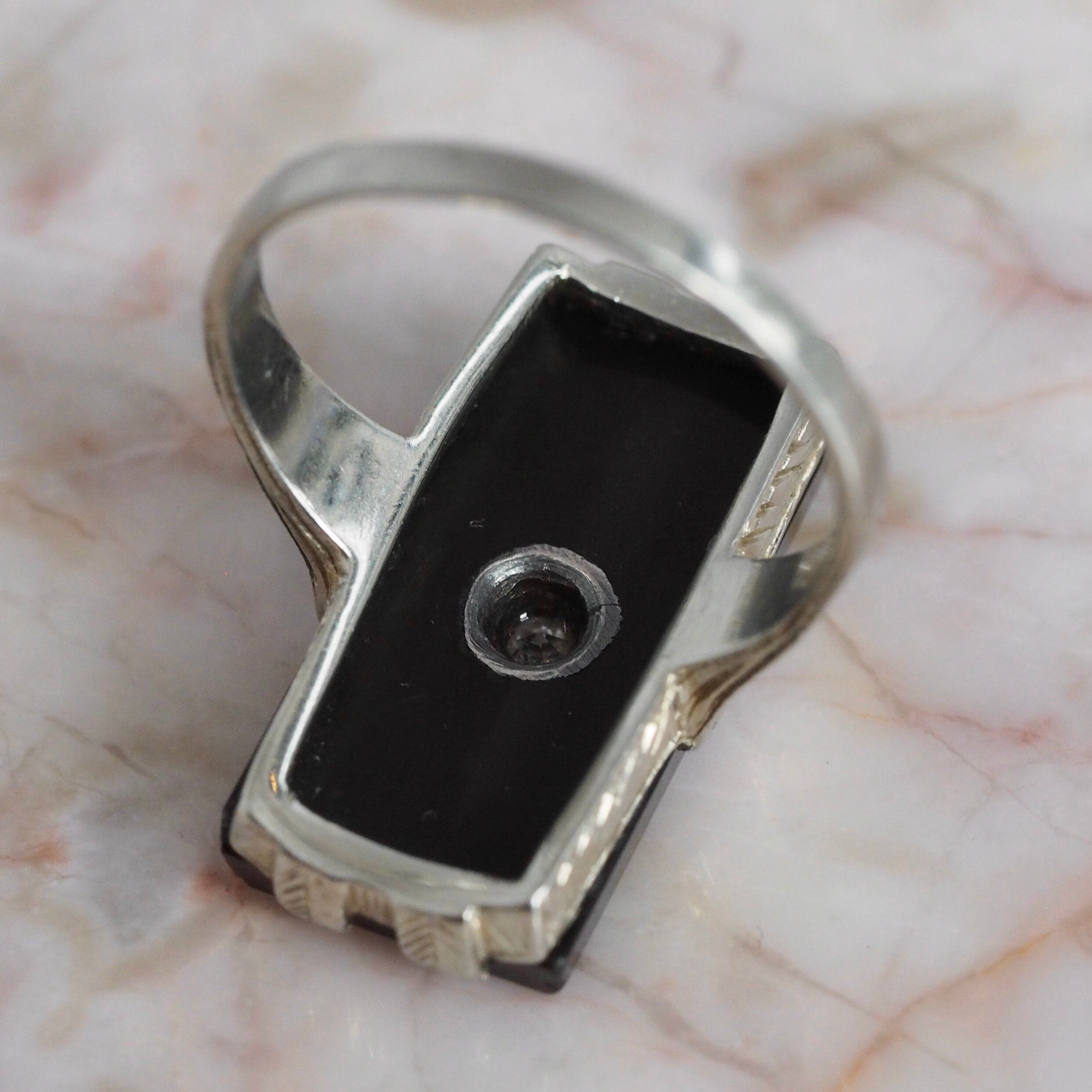 Art Deco 14k White Gold Onyx and Old European Cut Diamond Ring