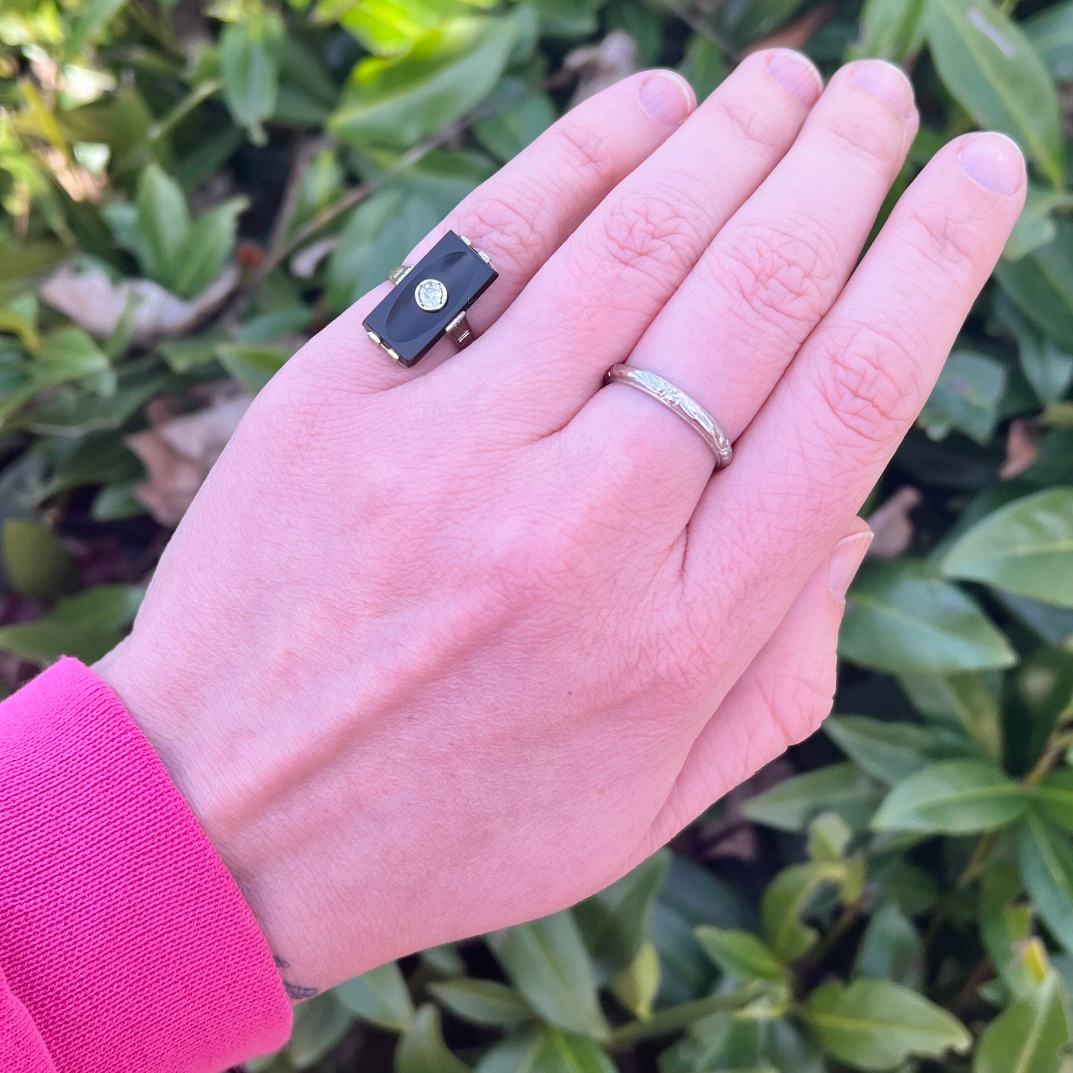 Art Deco 14k White Gold Onyx and Old European Cut Diamond Ring