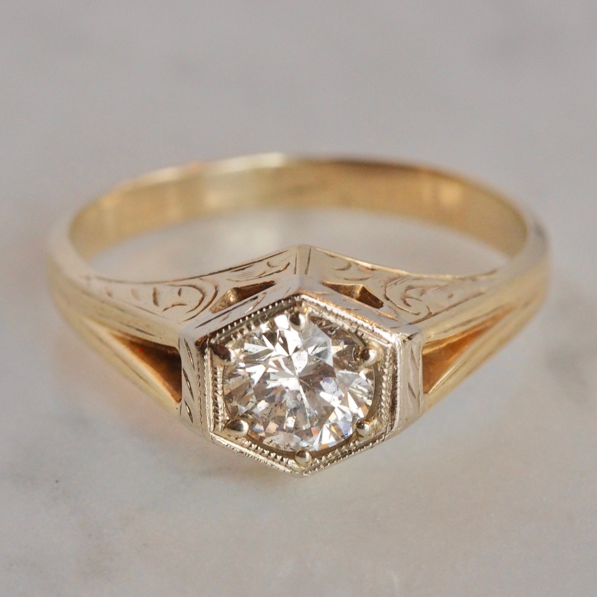 Art Deco 14k White and Yellow Gold Transitional Cut Diamond Ring