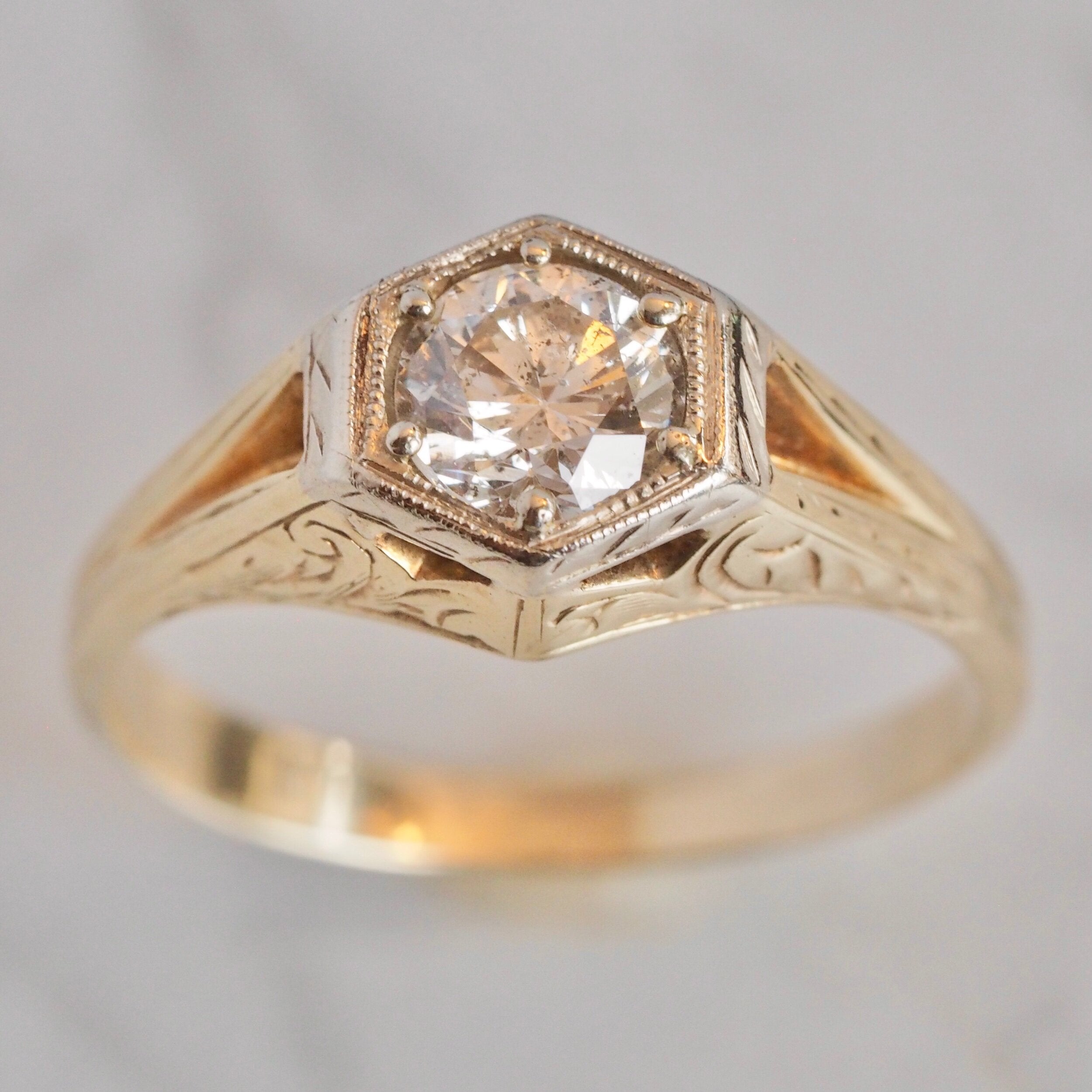 Art Deco 14k White and Yellow Gold Transitional Cut Diamond Ring