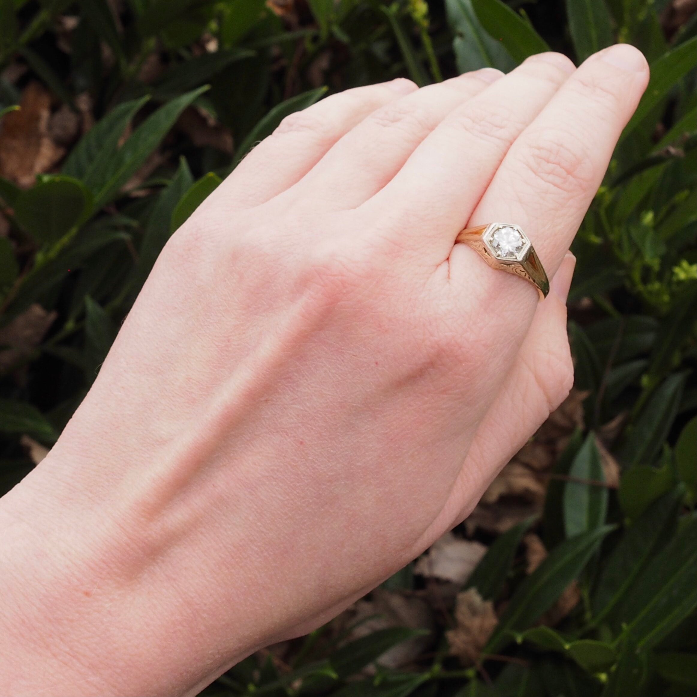 Art Deco 14k White and Yellow Gold Transitional Cut Diamond Ring