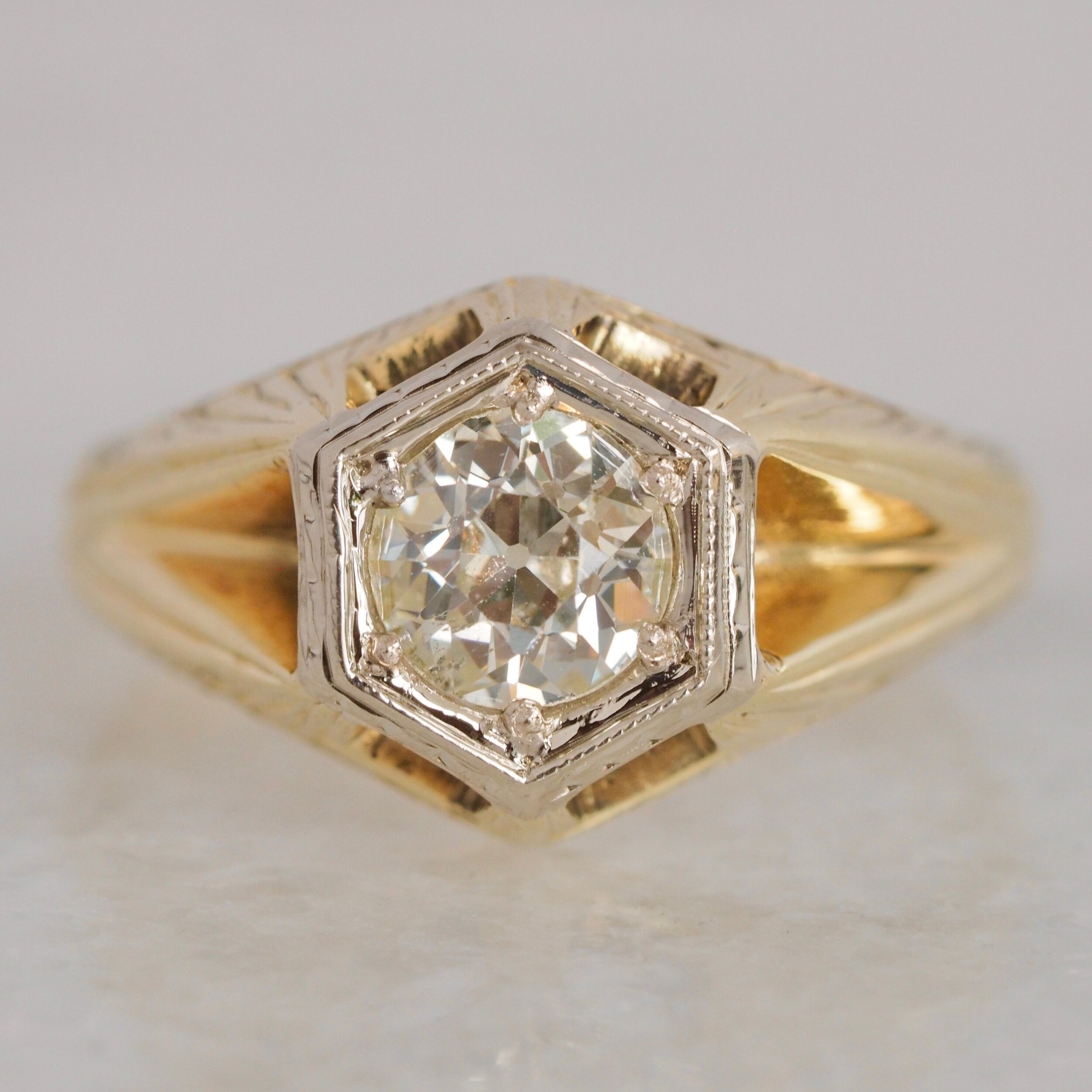 Art Deco 14k White and Yellow Gold Transitional Cut Diamond Ring