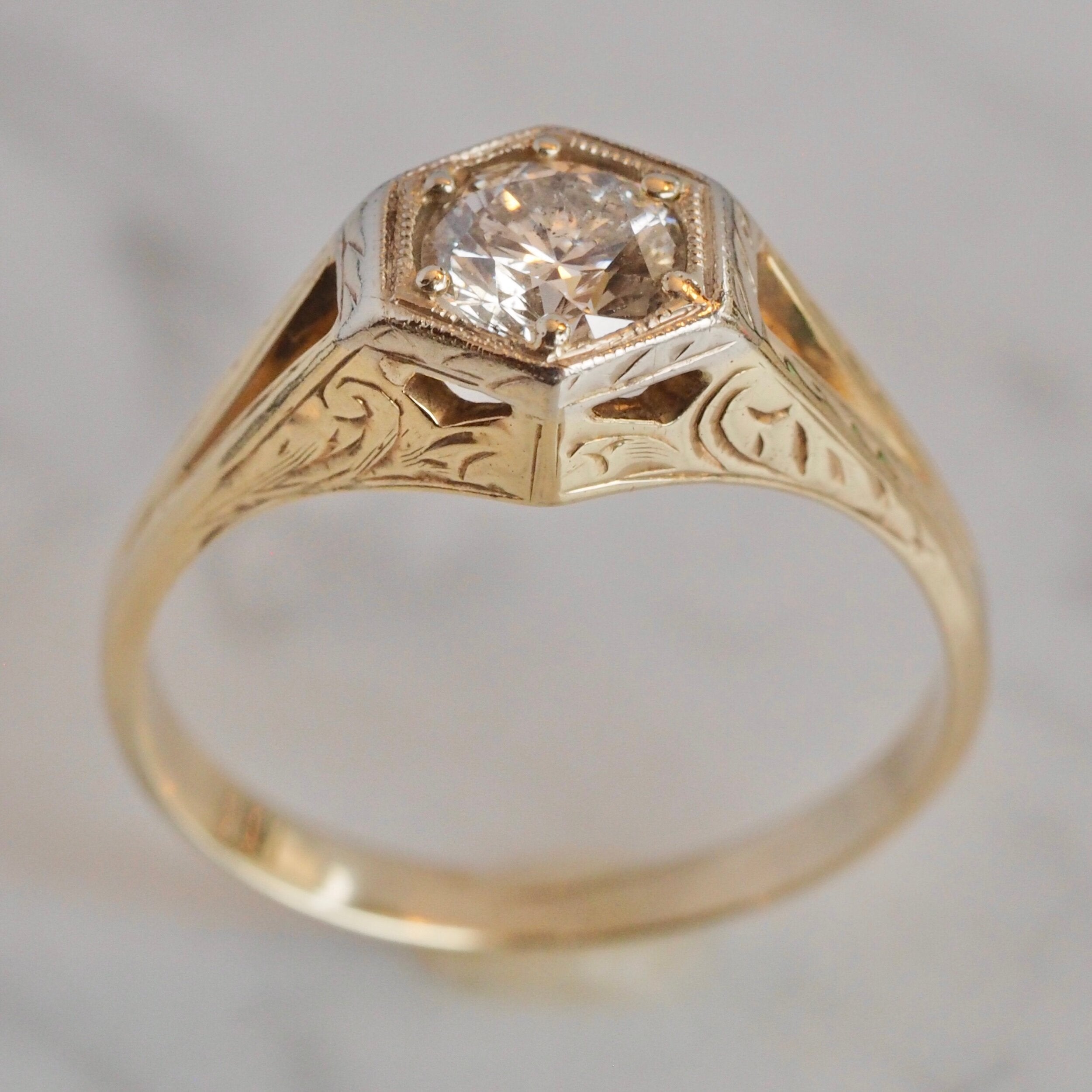 Art Deco 14k White and Yellow Gold Transitional Cut Diamond Ring