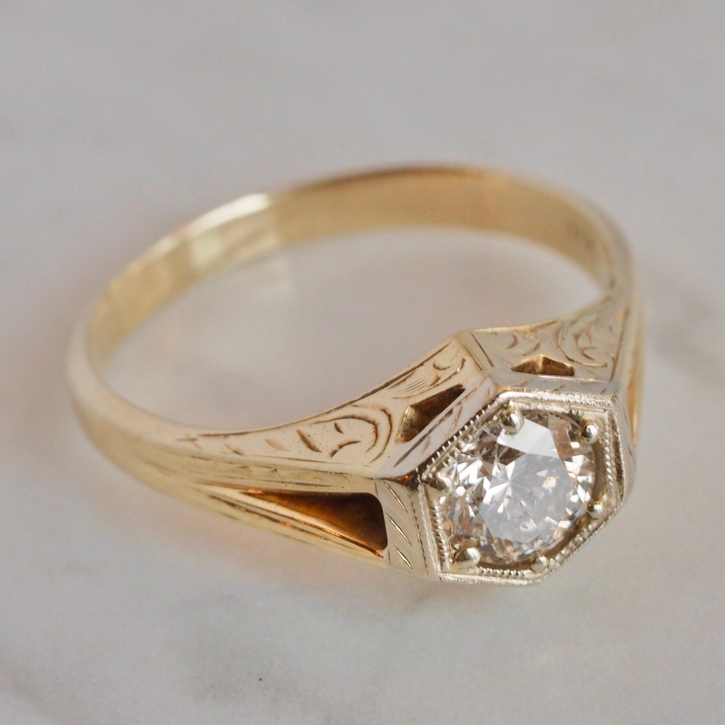 Art Deco 14k White and Yellow Gold Transitional Cut Diamond Ring