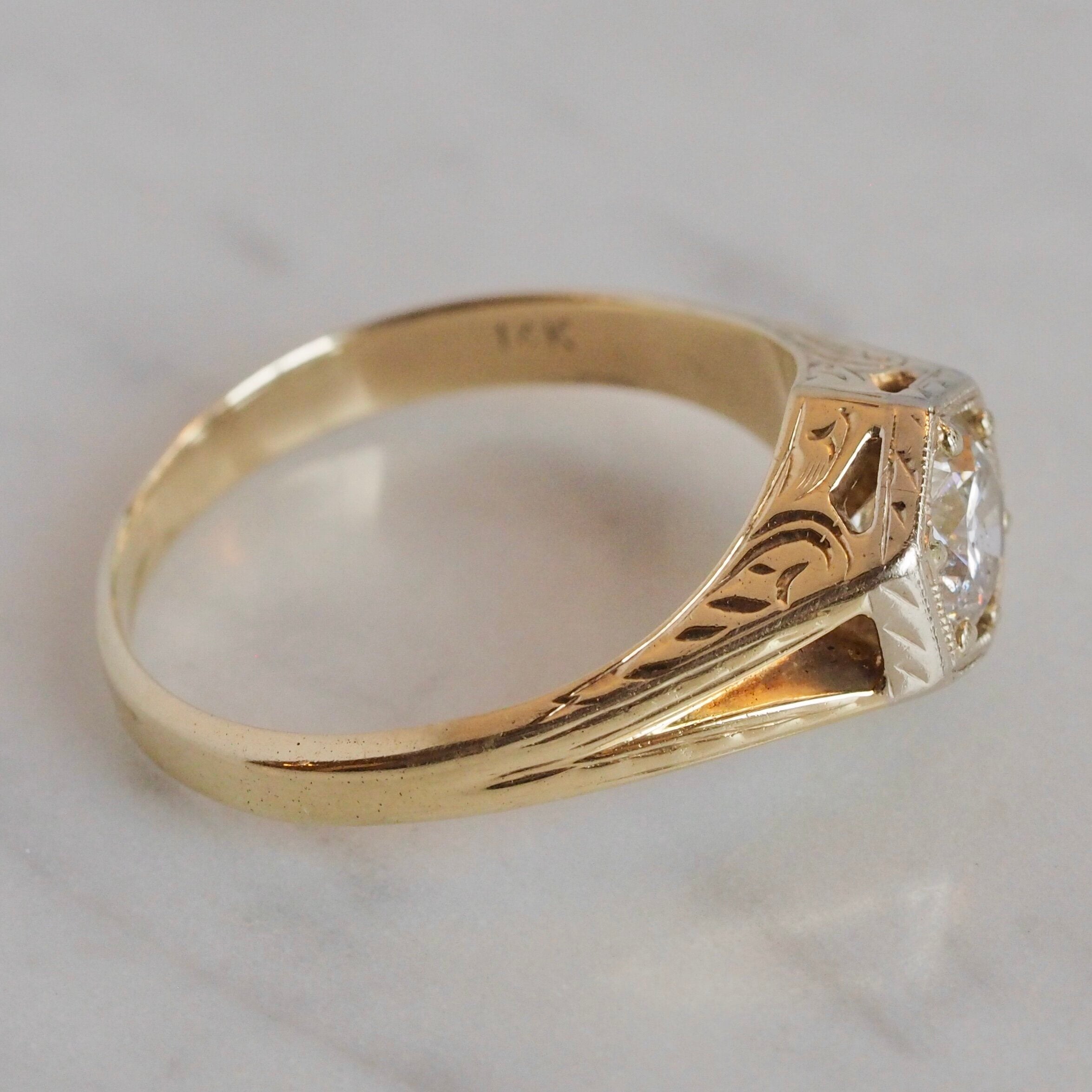 Art Deco 14k White and Yellow Gold Transitional Cut Diamond Ring