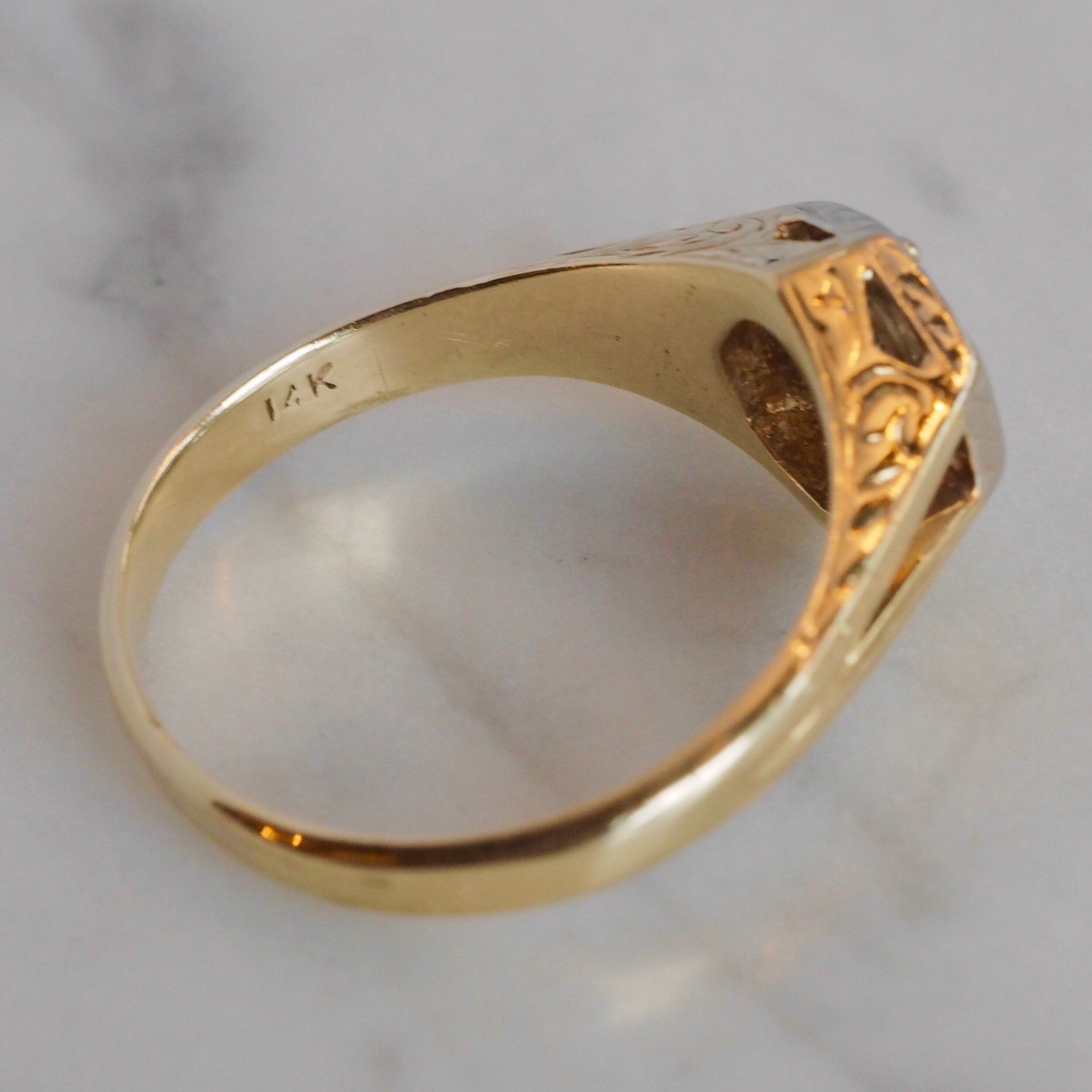 Art Deco 14k White and Yellow Gold Transitional Cut Diamond Ring