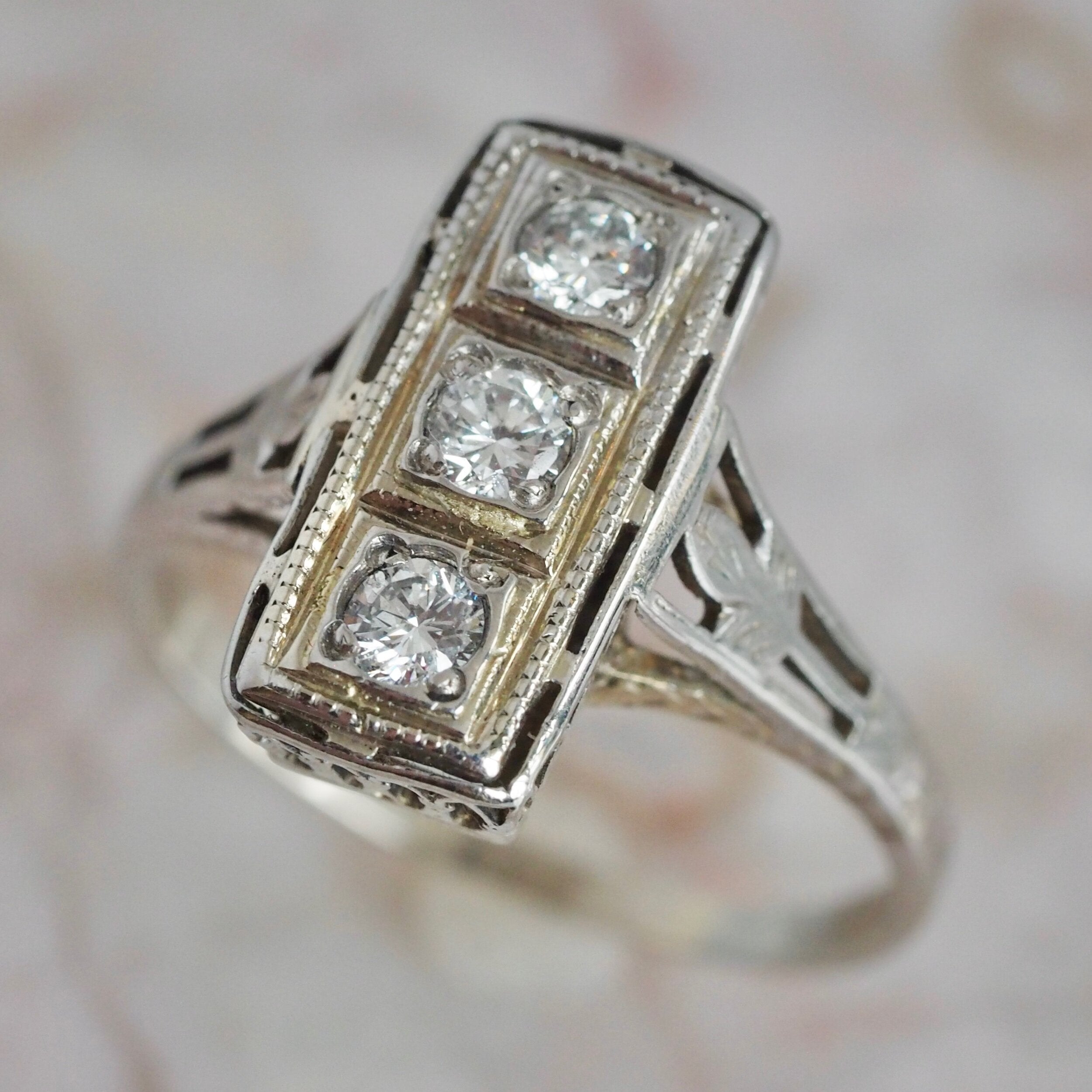 Art Deco 18k White Gold Diamond Trilogy Ring