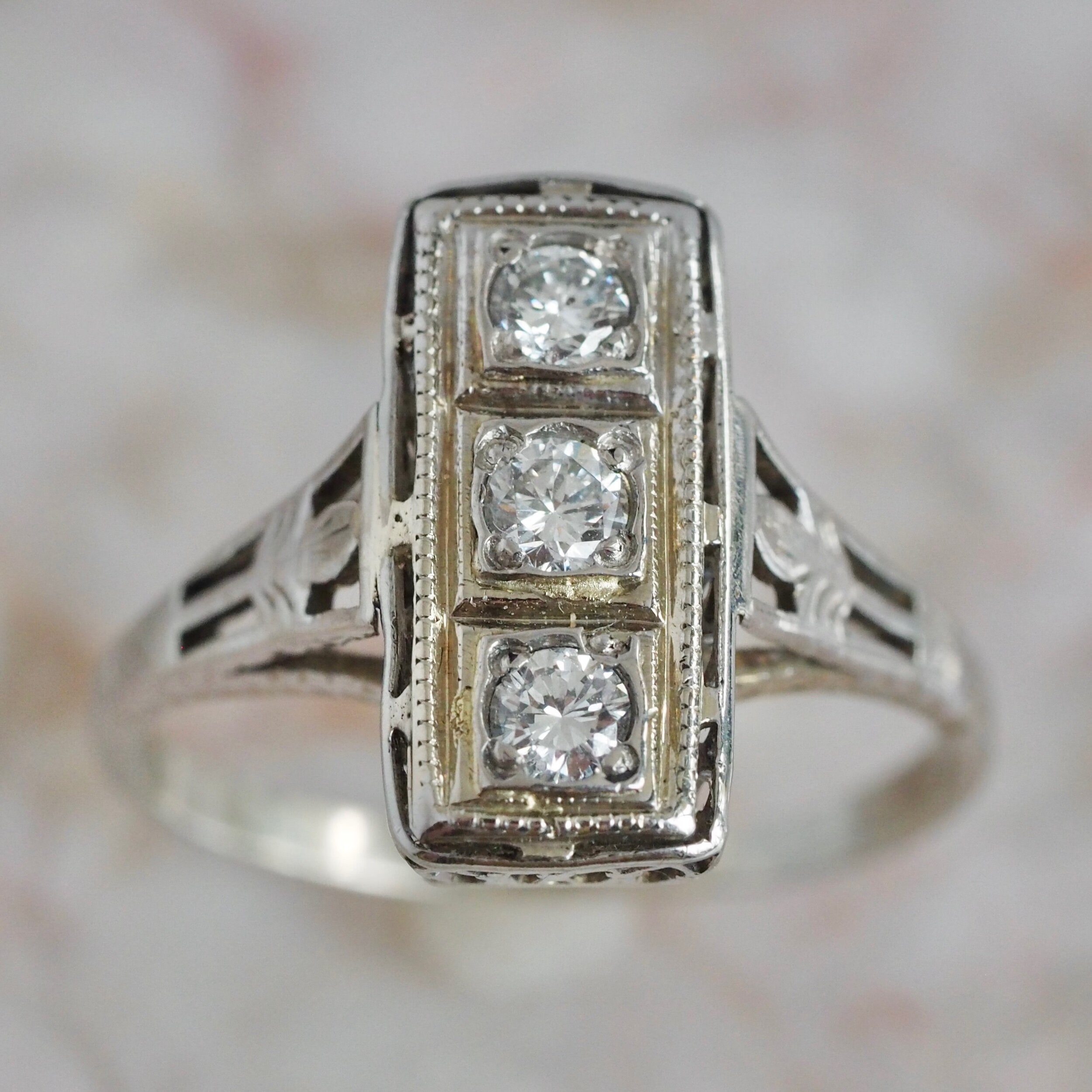 Art Deco 18k White Gold Diamond Trilogy Ring