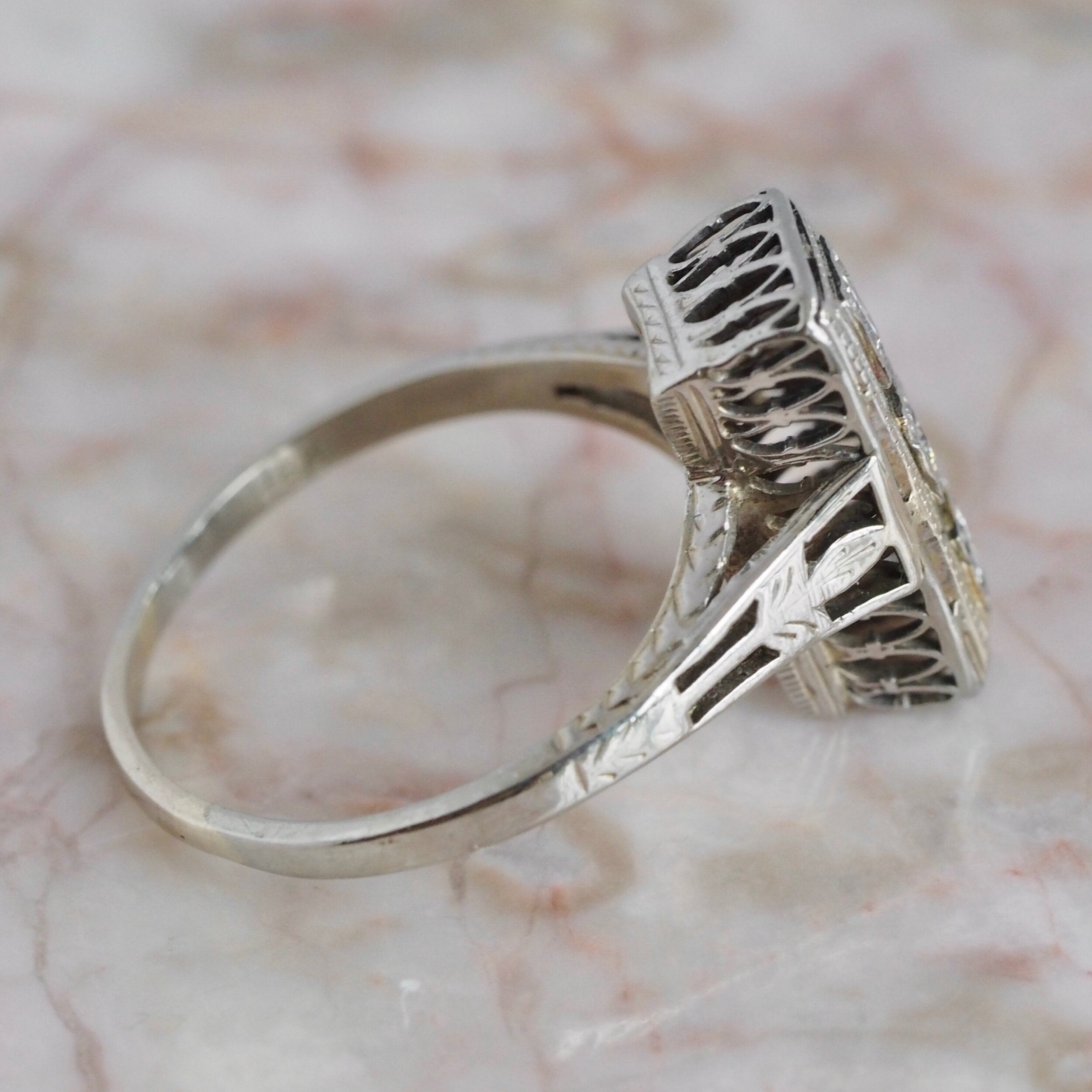 Art Deco 18k White Gold Diamond Trilogy Ring