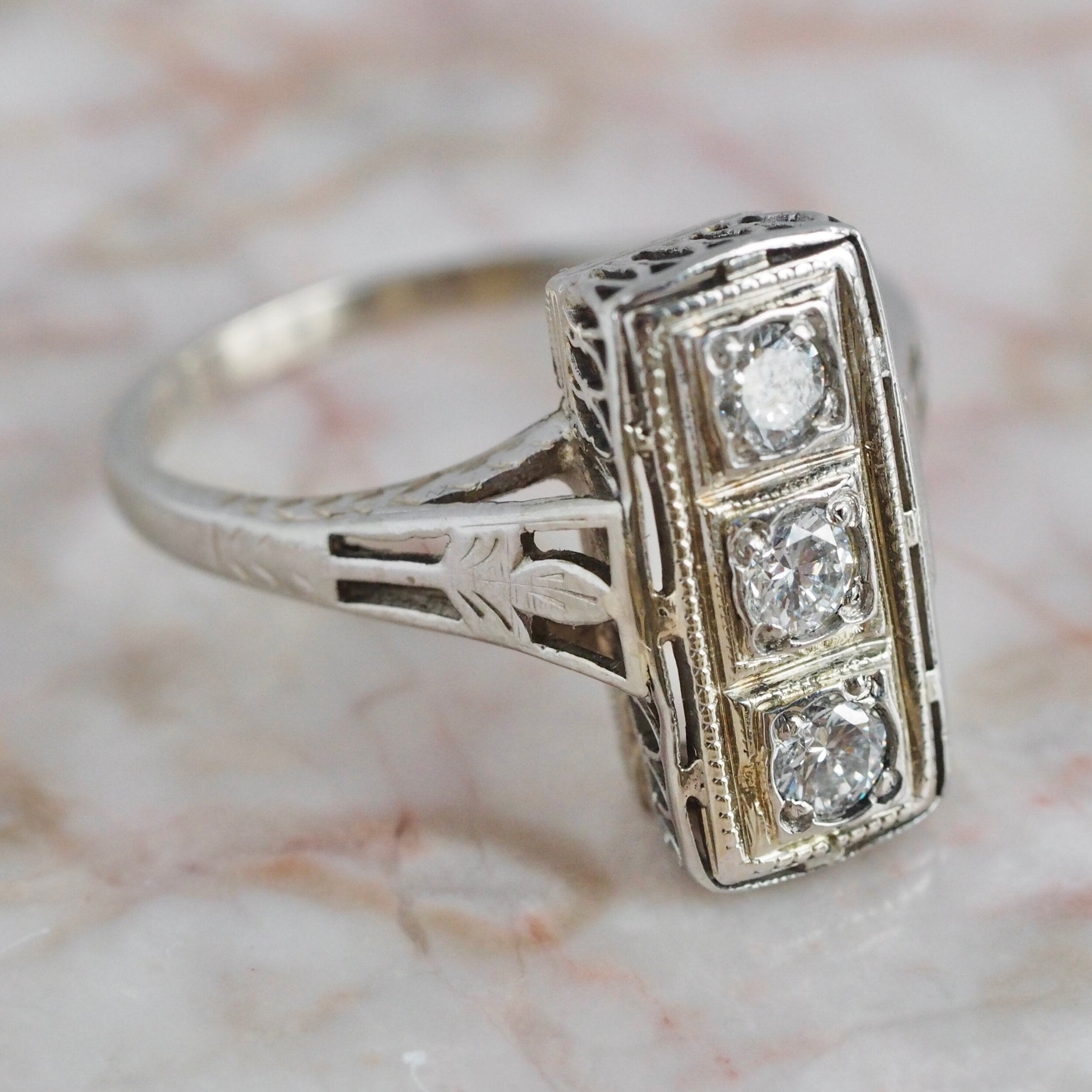 Art Deco 18k White Gold Diamond Trilogy Ring