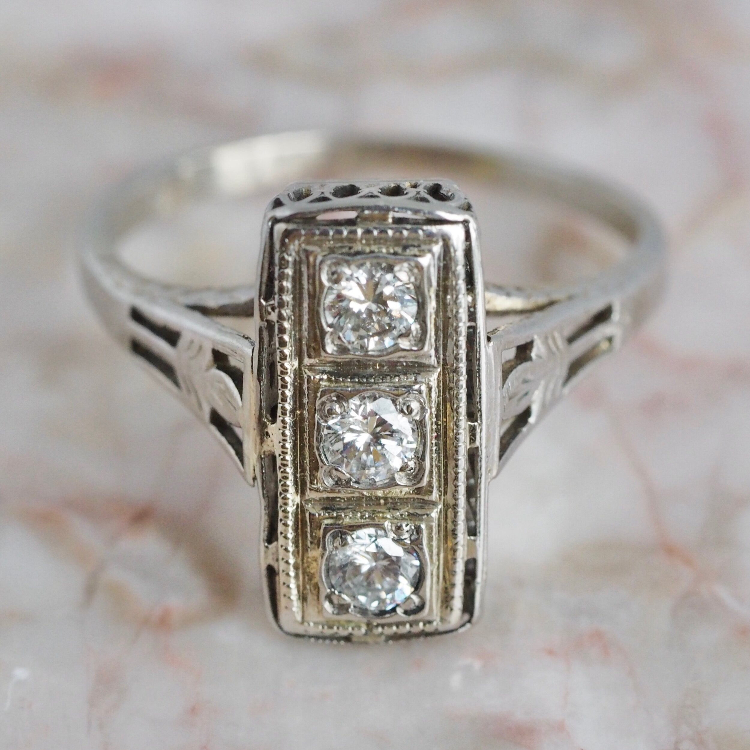 Art Deco 18k White Gold Diamond Trilogy Ring