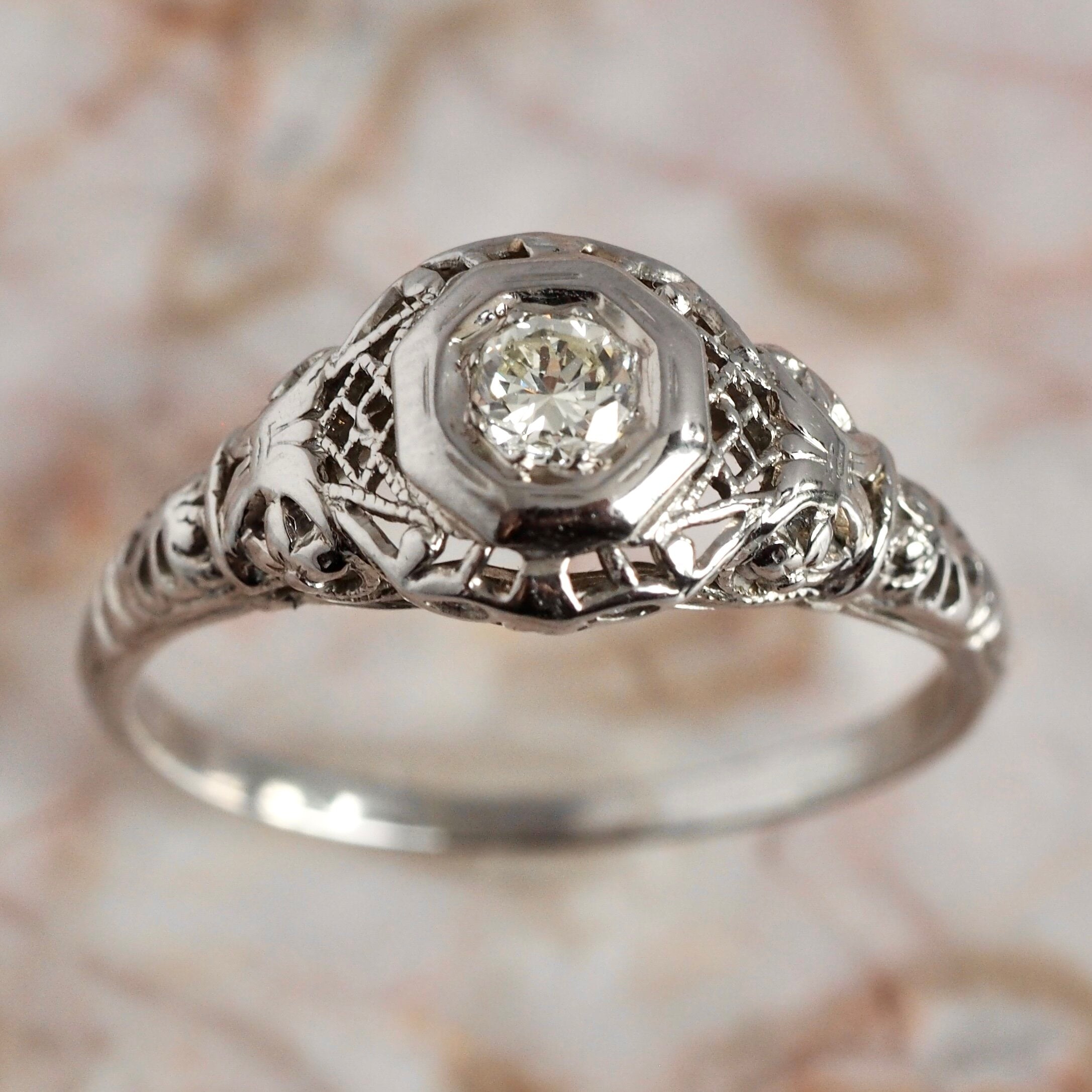 Art Deco 18k White Gold Filigree Old European Cut Diamond Solitaire Ring