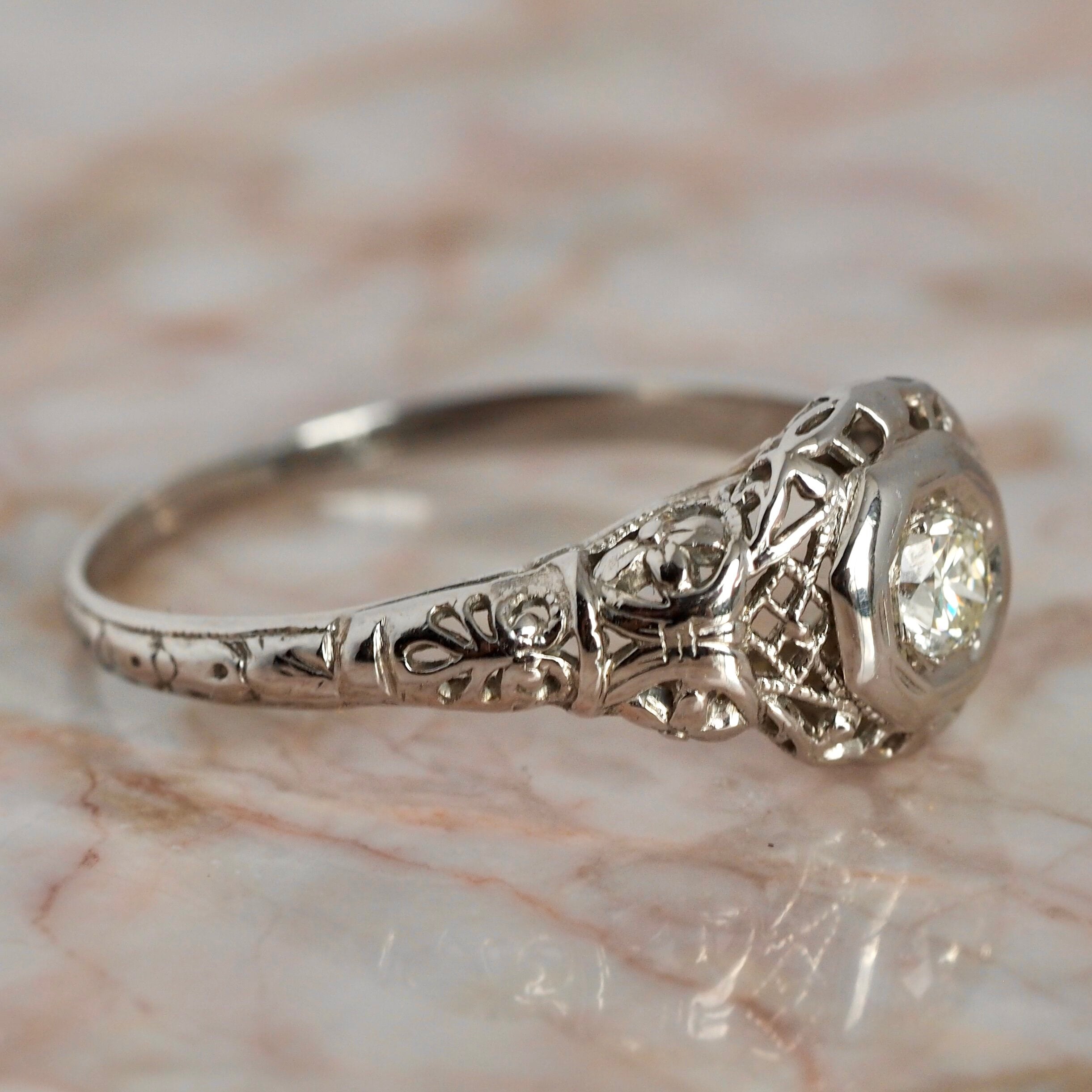Art Deco 18k White Gold Filigree Old European Cut Diamond Solitaire Ring