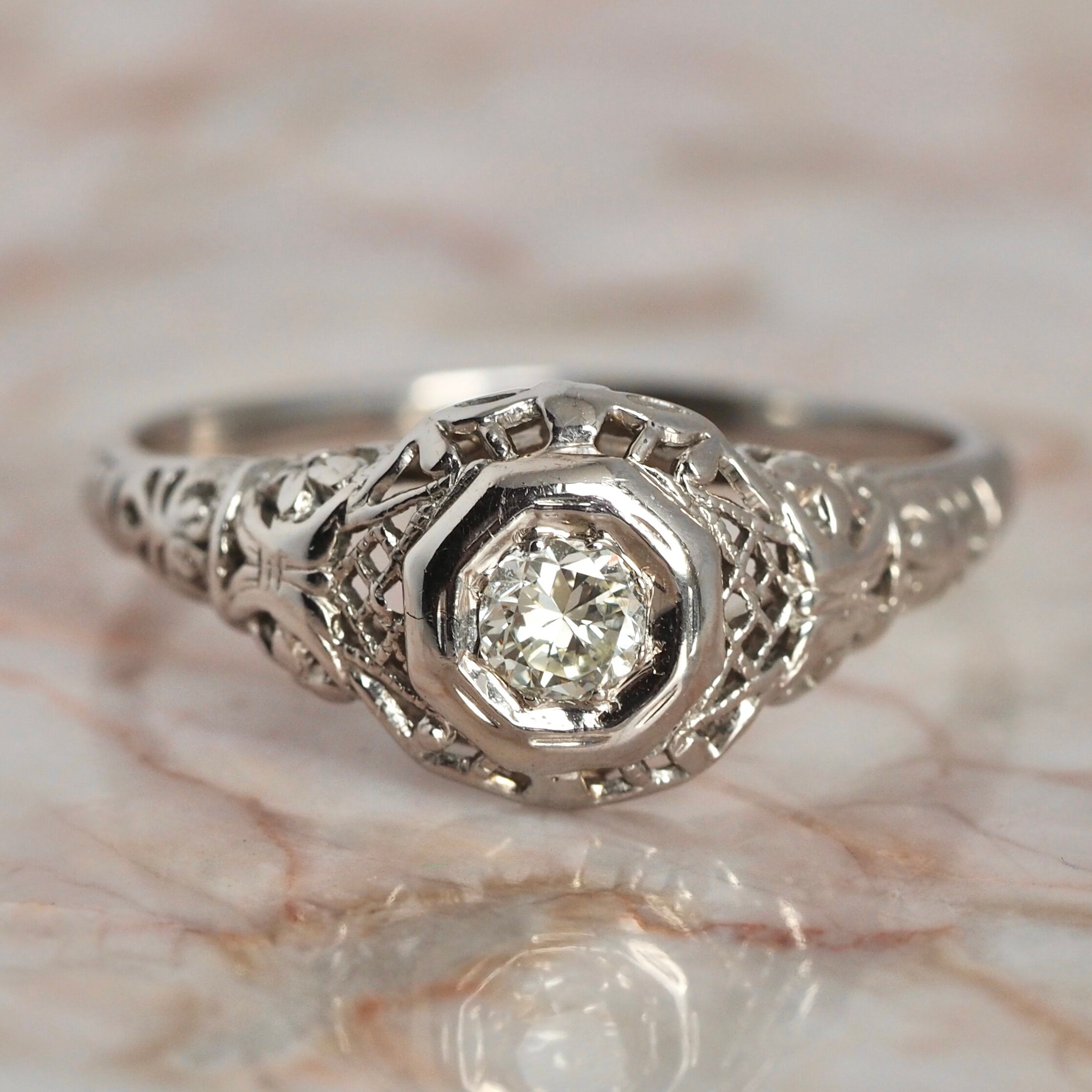 Art Deco 18k White Gold Filigree Old European Cut Diamond Solitaire Ring
