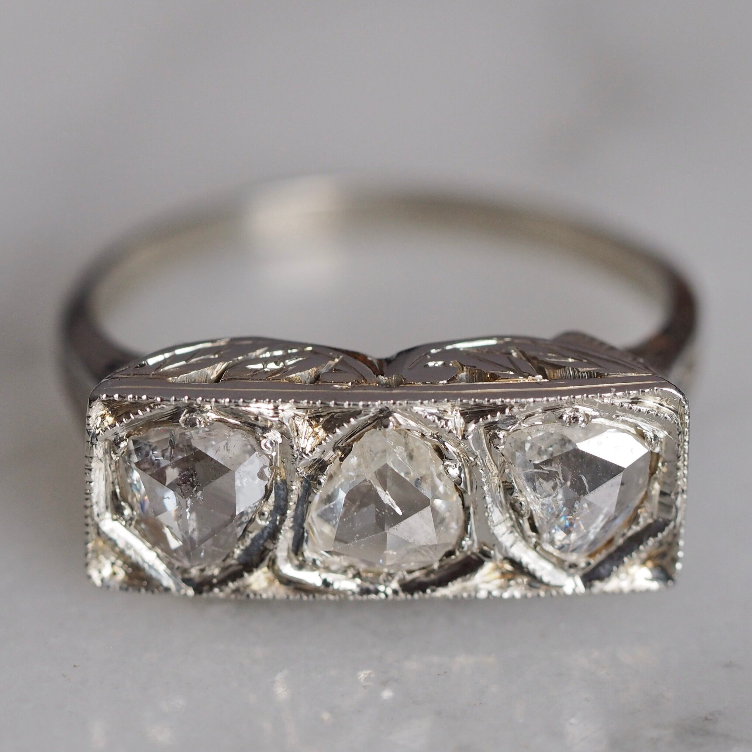 Art Deco 18k White Gold Heart Shaped Rose Cut Trilogy Engagement Ring