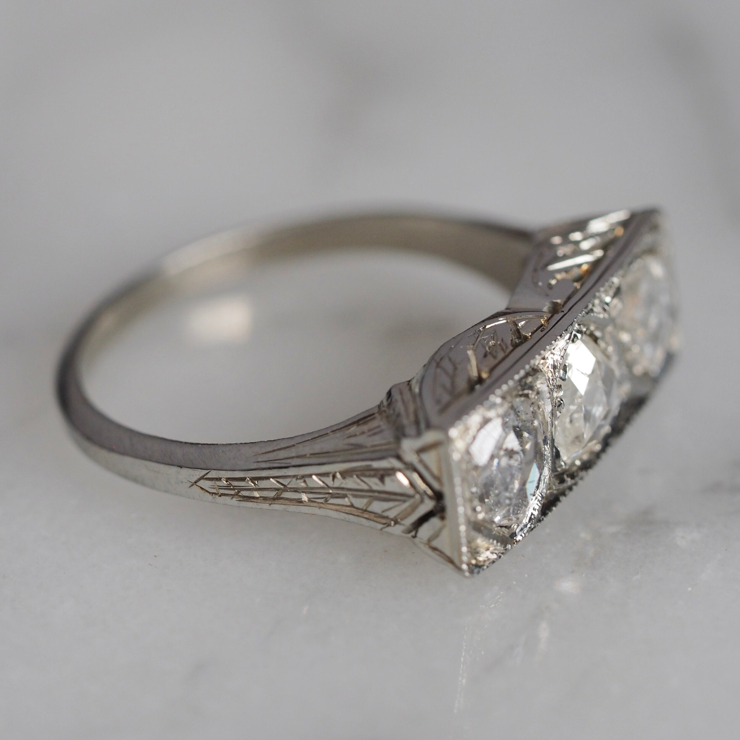 Art Deco 18k White Gold Heart Shaped Rose Cut Trilogy Engagement Ring