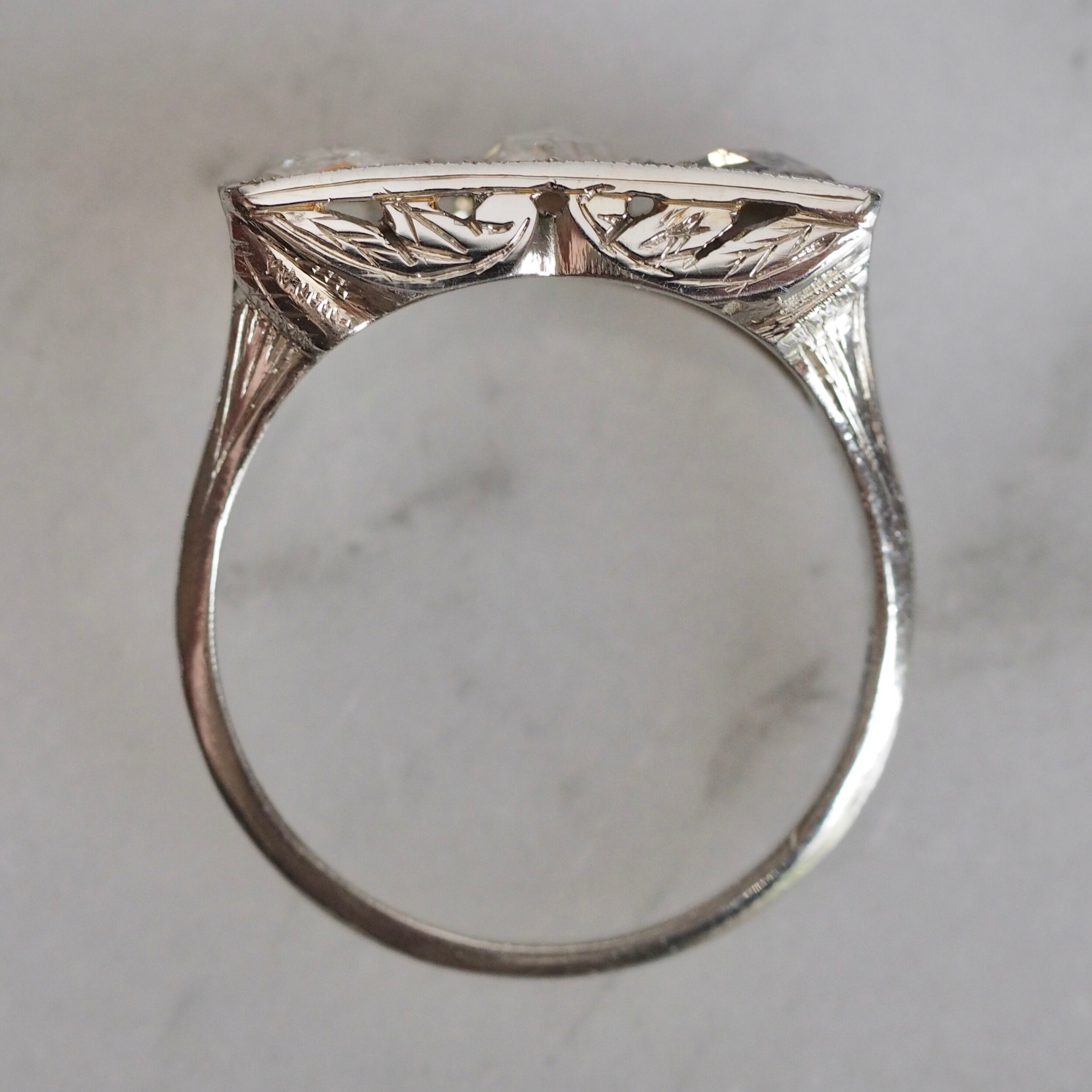 Art Deco 18k White Gold Heart Shaped Rose Cut Trilogy Engagement Ring