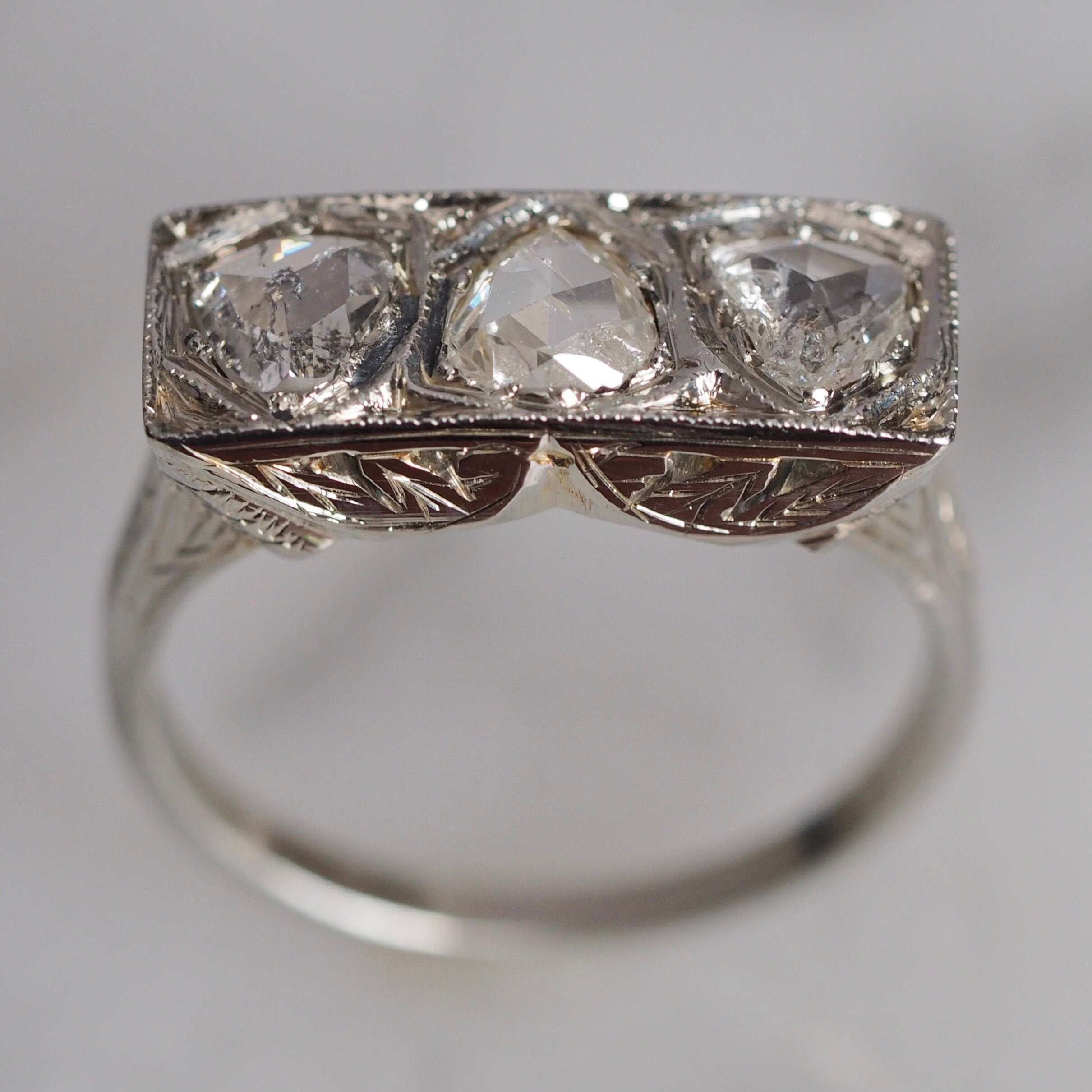 Art Deco 18k White Gold Heart Shaped Rose Cut Trilogy Engagement Ring