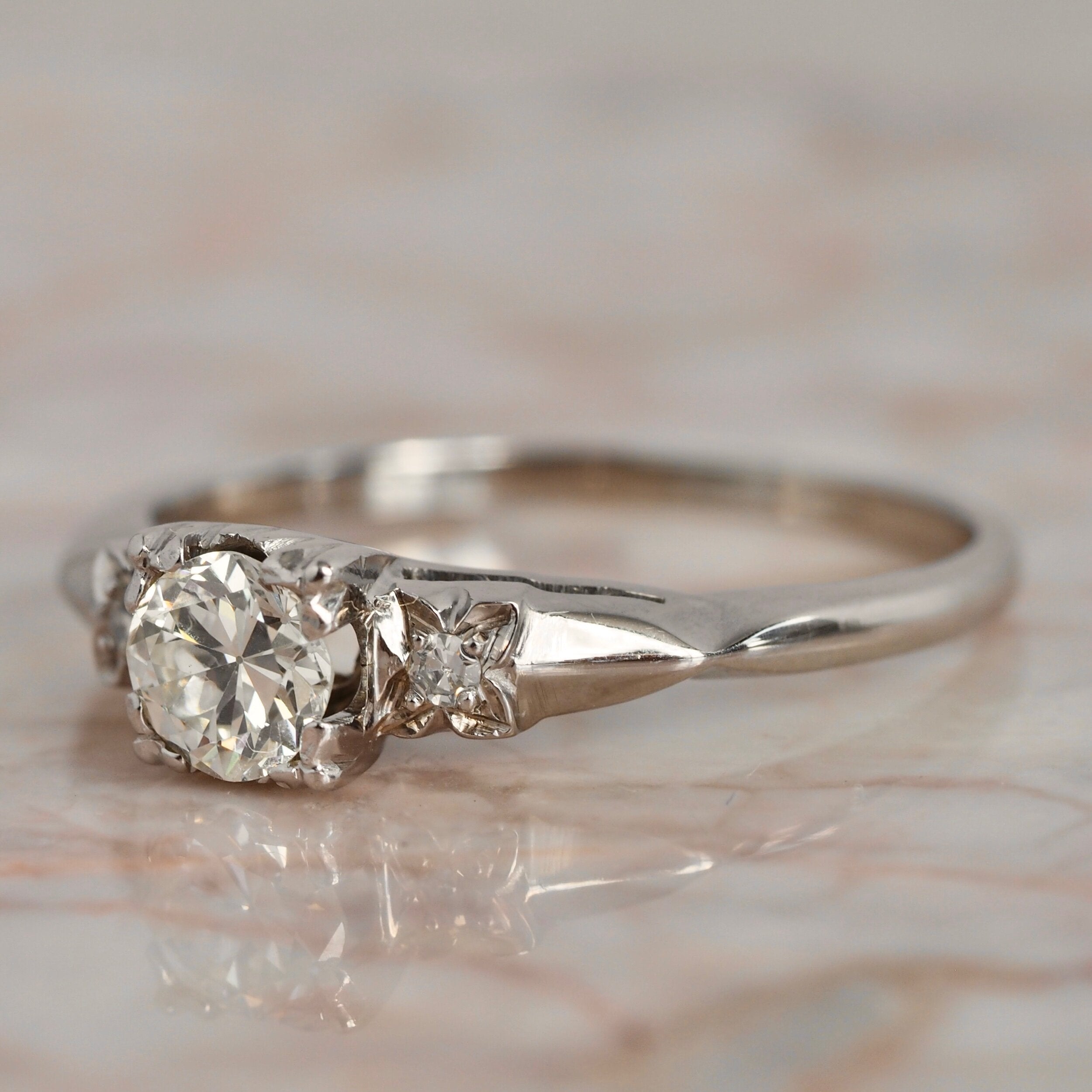 Art Deco 18k White Gold Old European Cut Diamond Ring