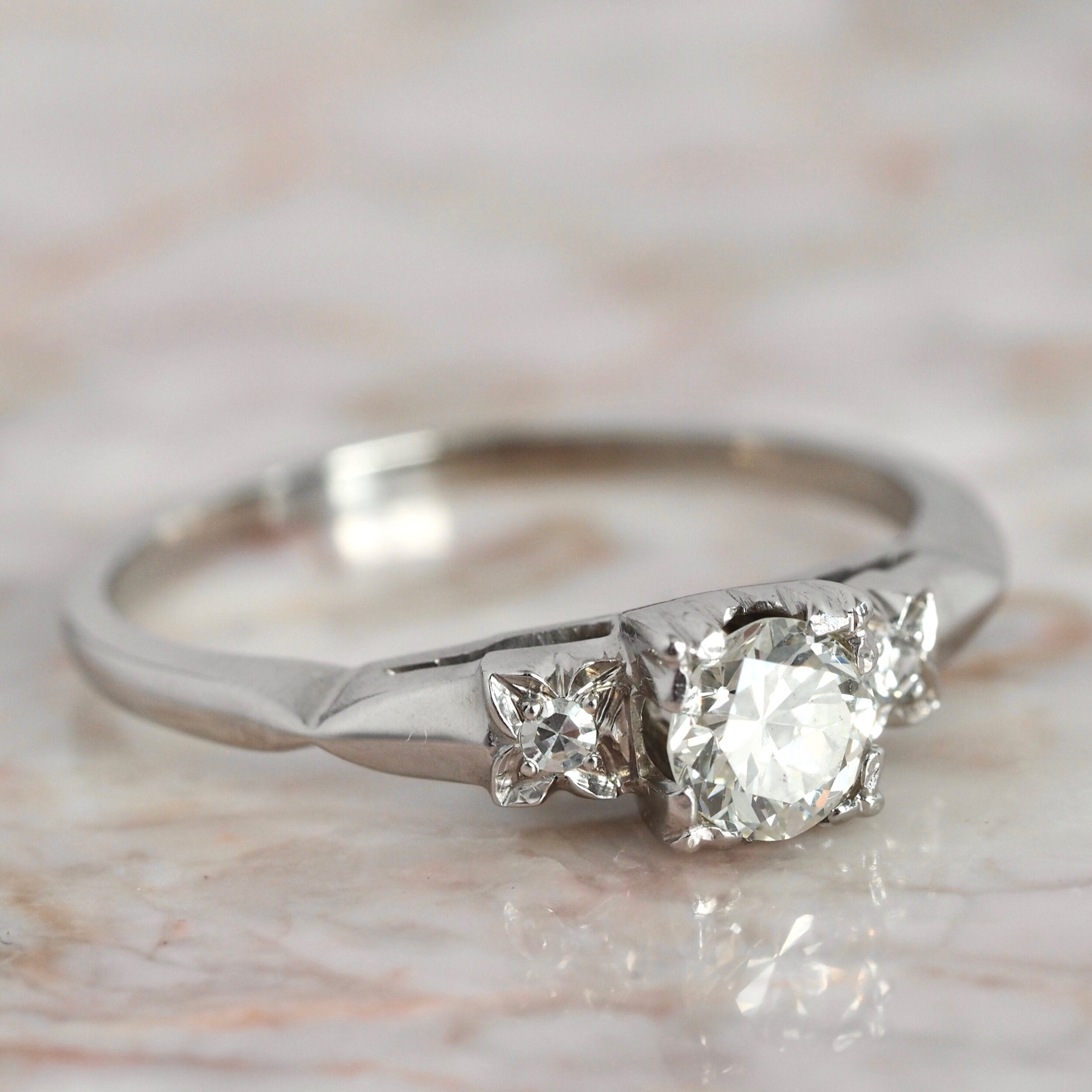 Art Deco 18k White Gold Old European Cut Diamond Ring