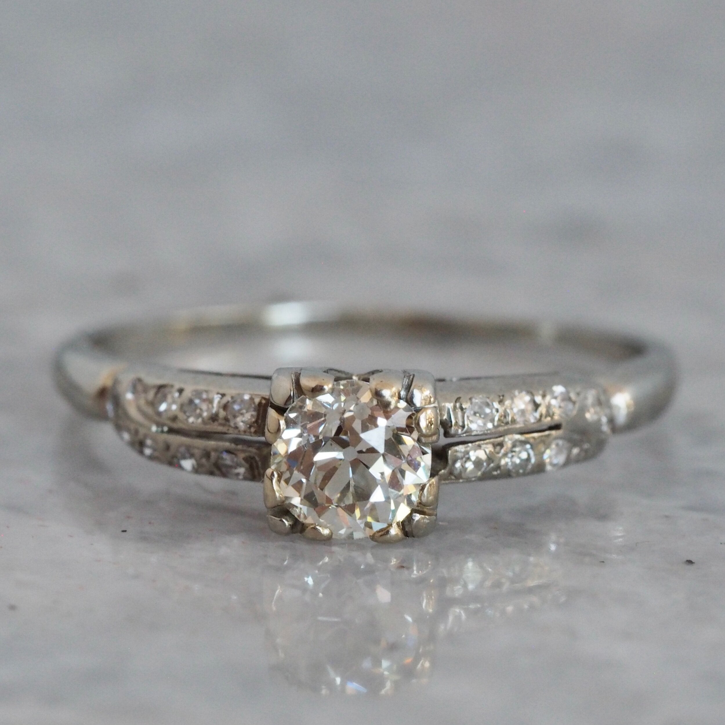 Art Deco Old European Cut Diamond Solitaire 18k White Gold Engagement Ring