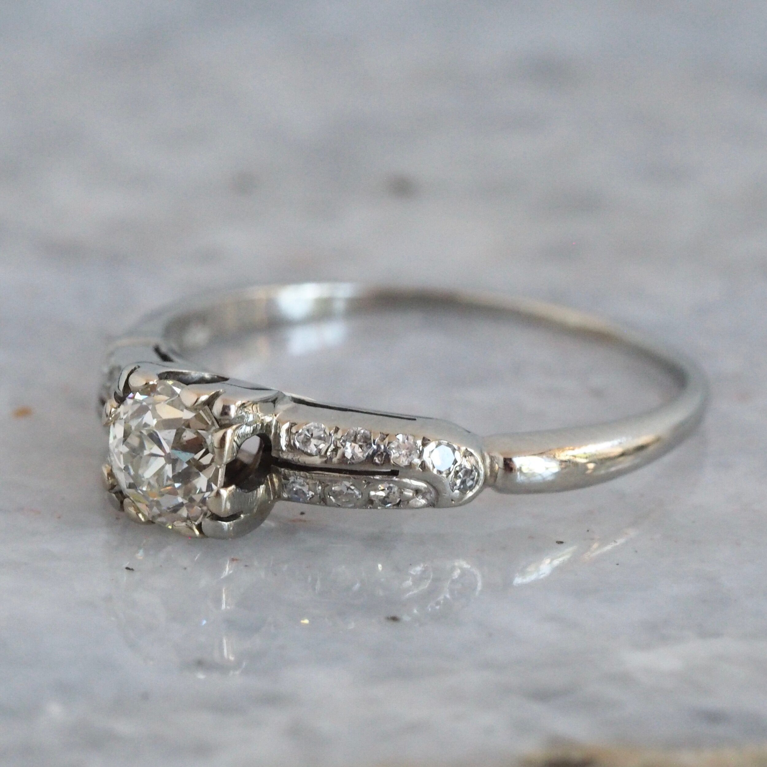 Art Deco Old European Cut Diamond Solitaire 18k White Gold Engagement Ring