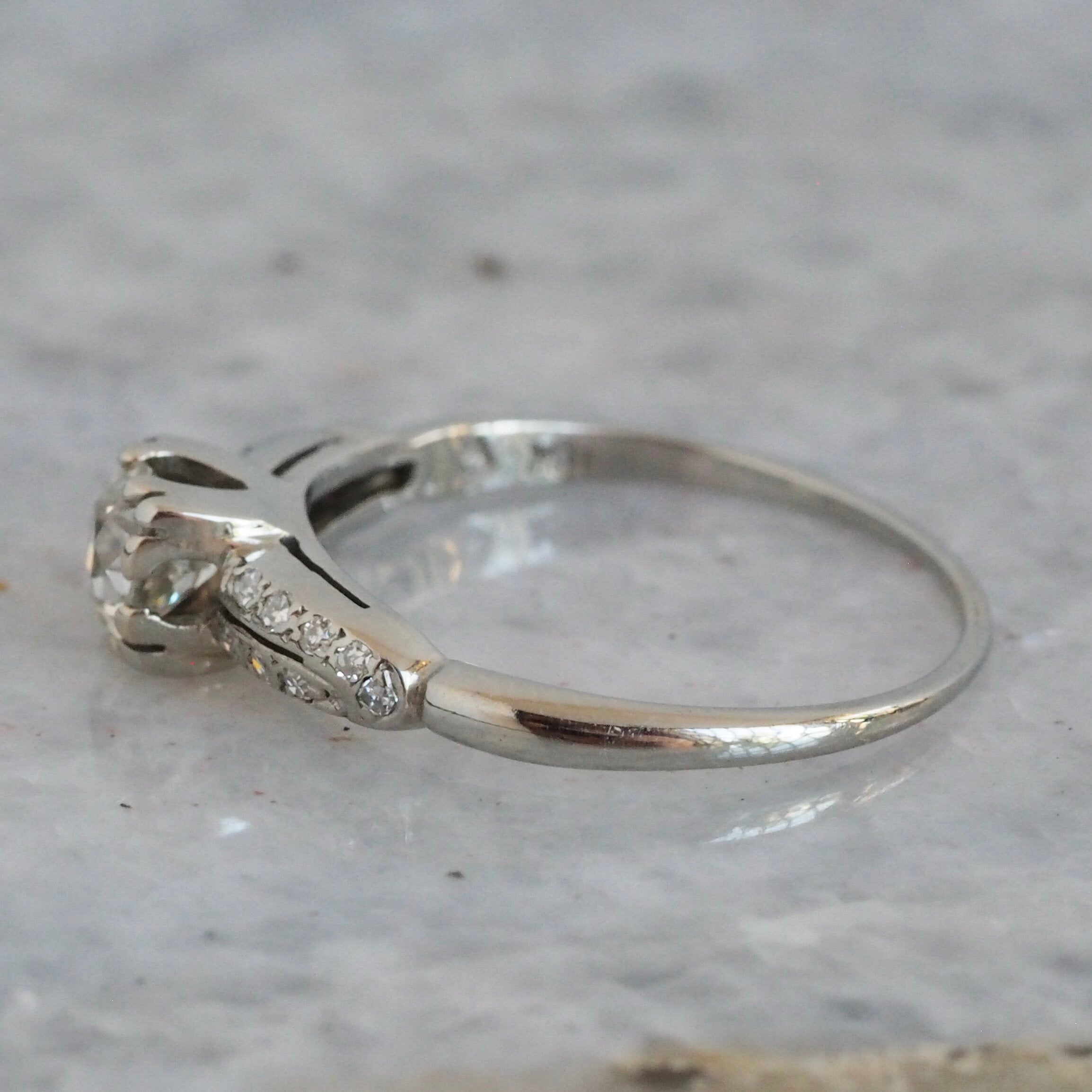 Art Deco Old European Cut Diamond Solitaire 18k White Gold Engagement Ring