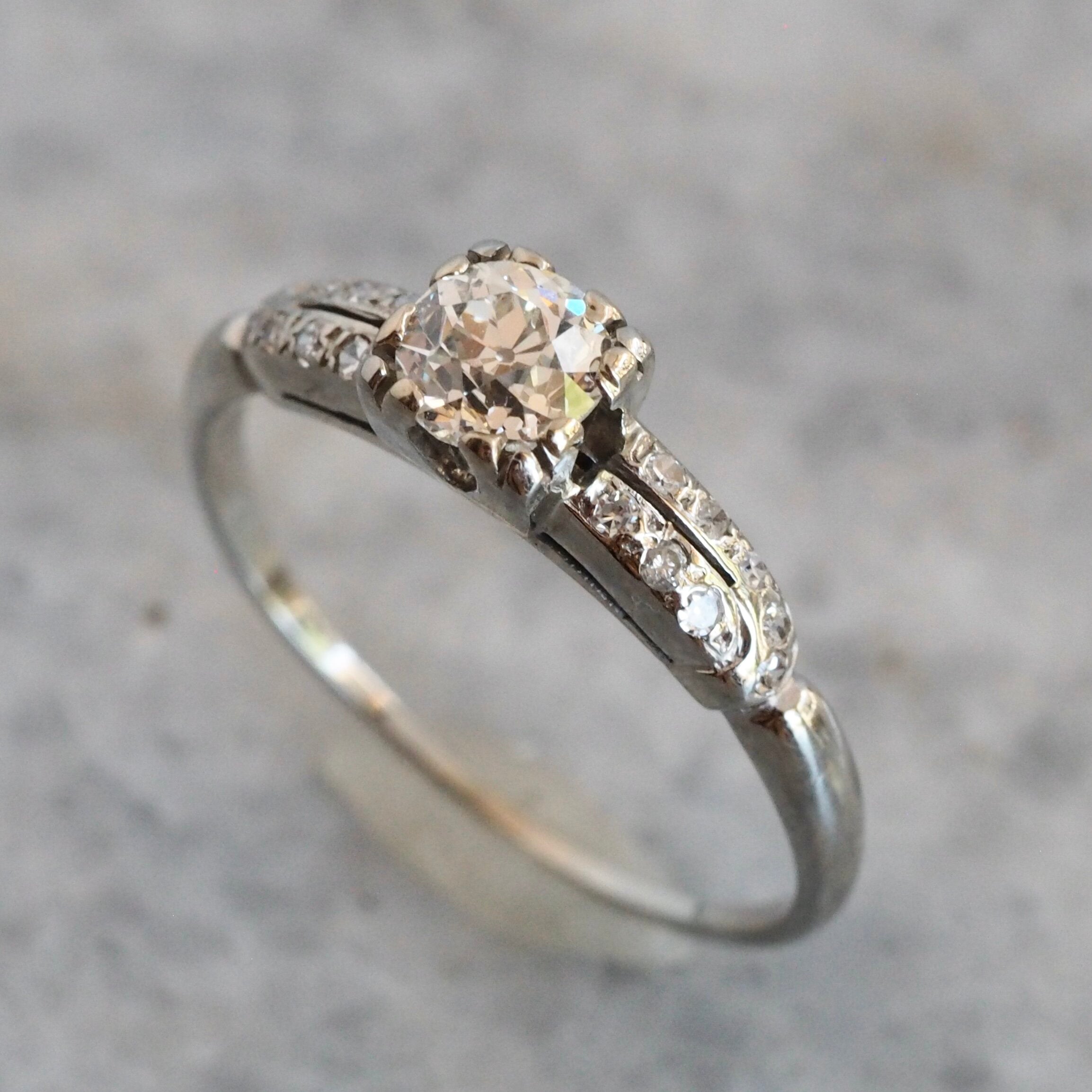 Art Deco Old European Cut Diamond Solitaire 18k White Gold Engagement Ring