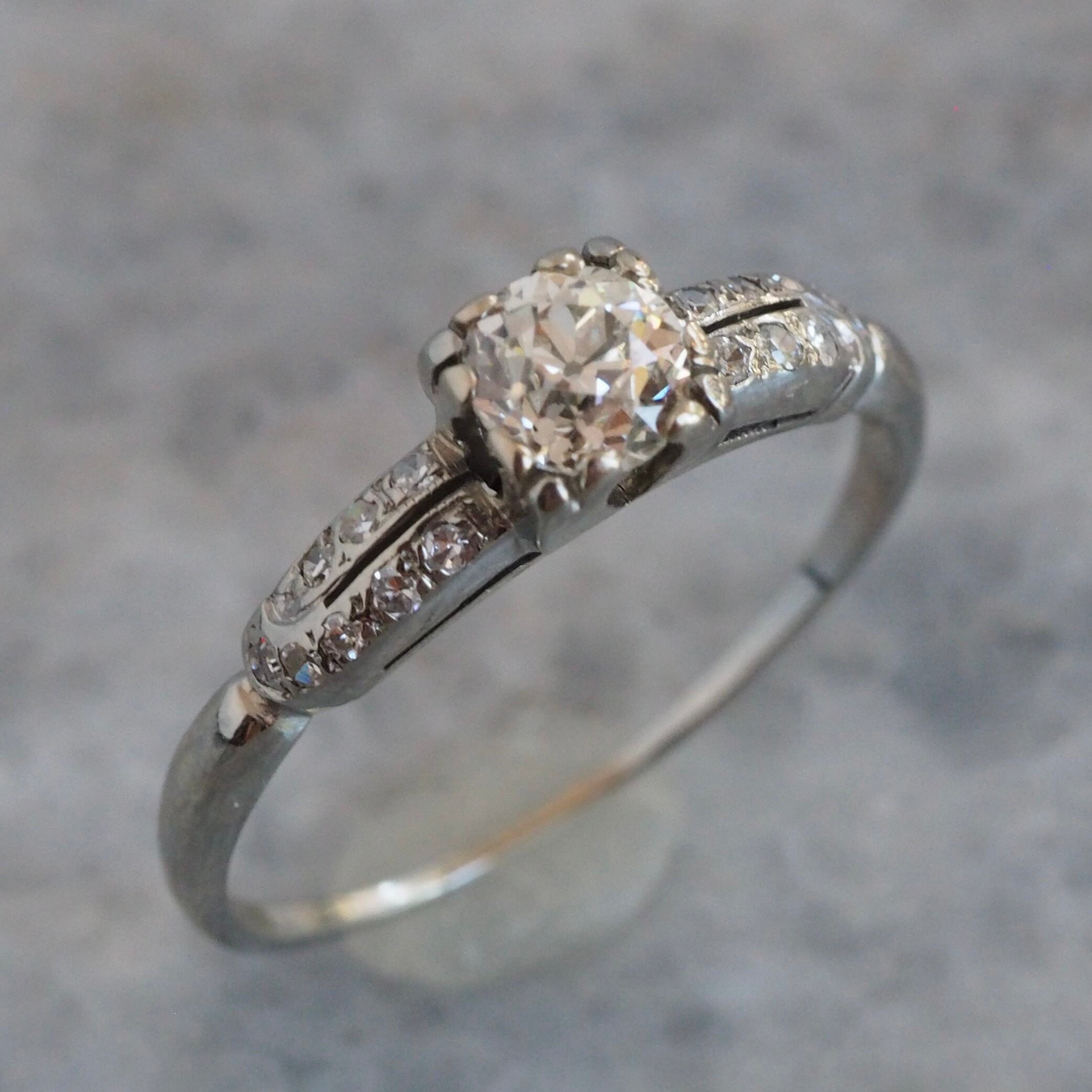 Art Deco Old European Cut Diamond Solitaire 18k White Gold Engagement Ring