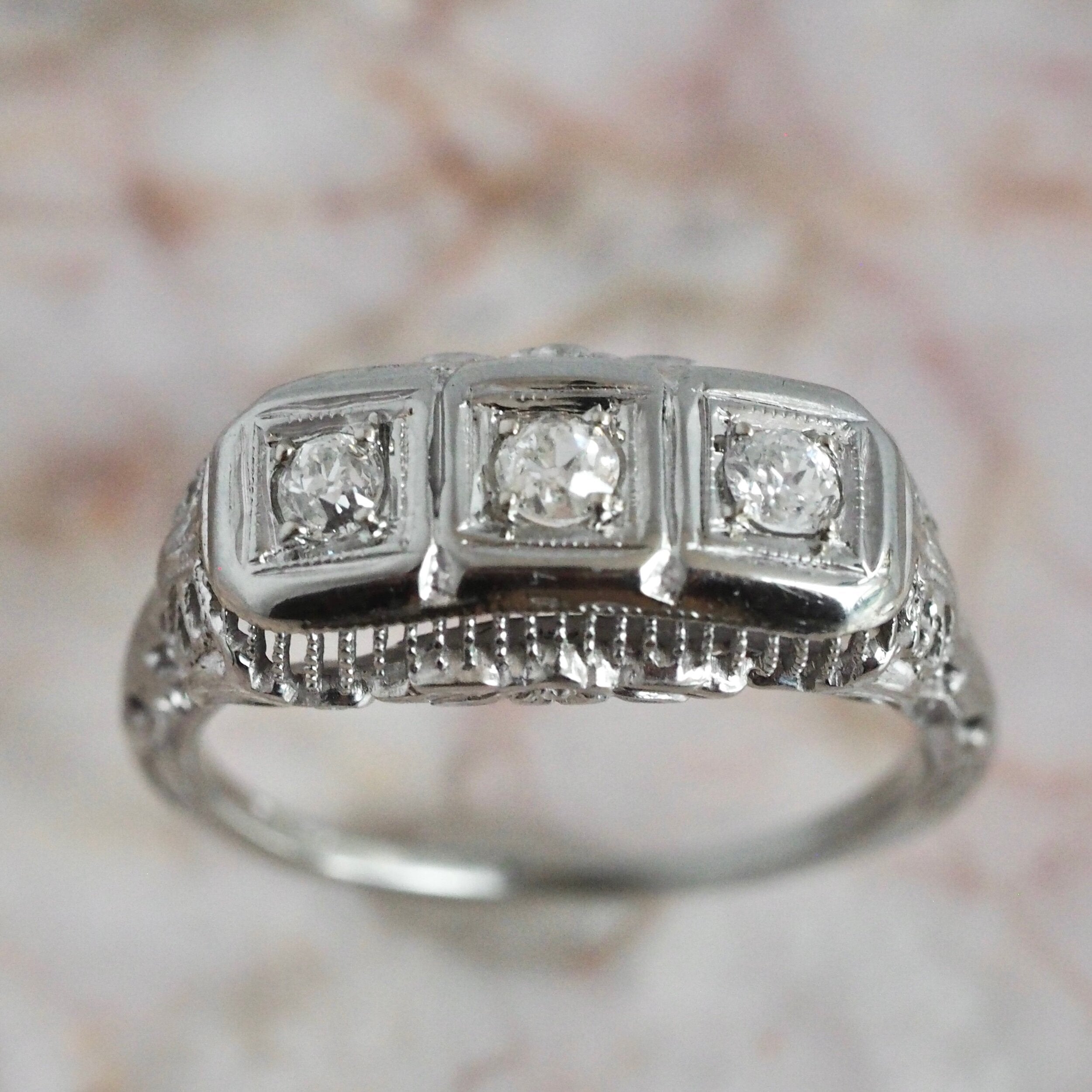 Art Deco 18k White Gold Old European Cut Diamond Trilogy Ring