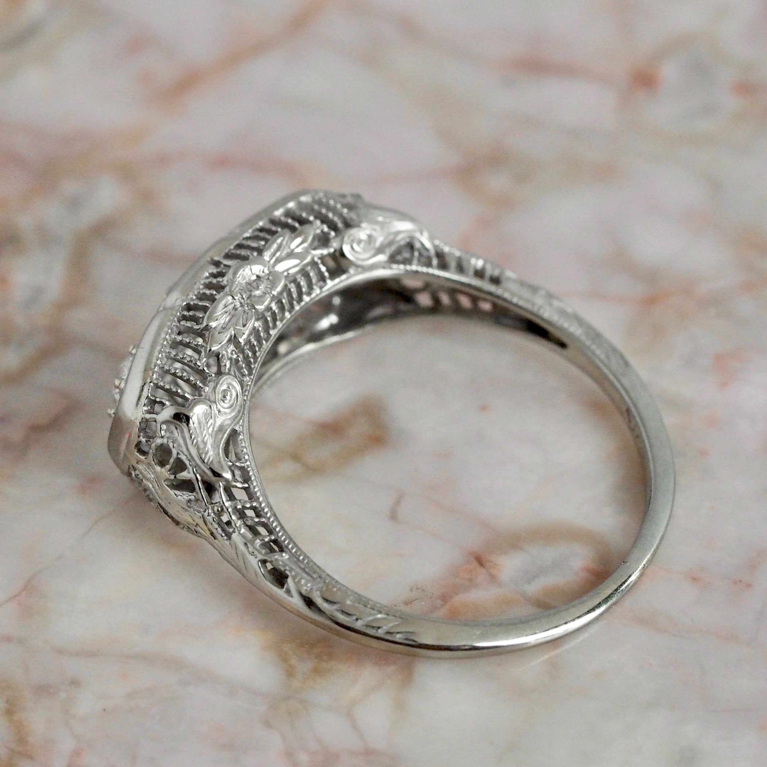 Art Deco 18k White Gold Old European Cut Diamond Trilogy Ring