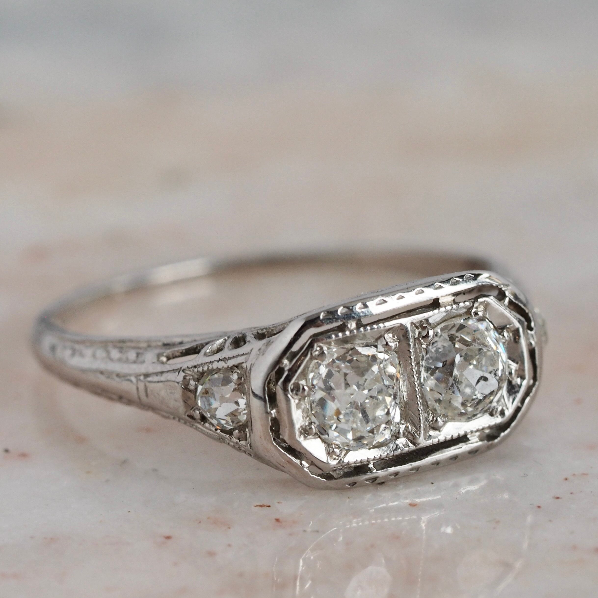 Art Deco Old Mine Cut Diamond Filigree 18k White Gold Engagement Ring