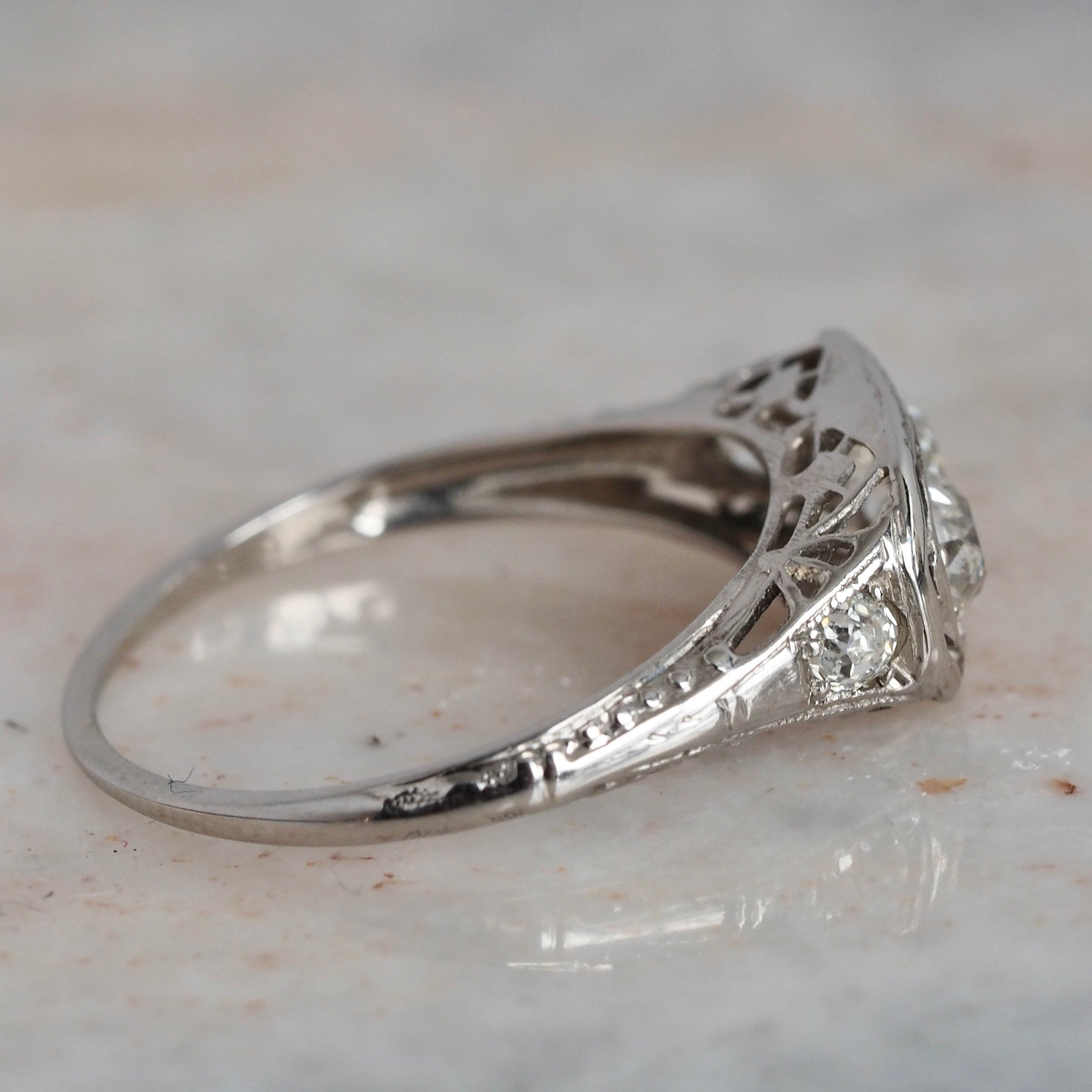 Art Deco Old Mine Cut Diamond Filigree 18k White Gold Engagement Ring