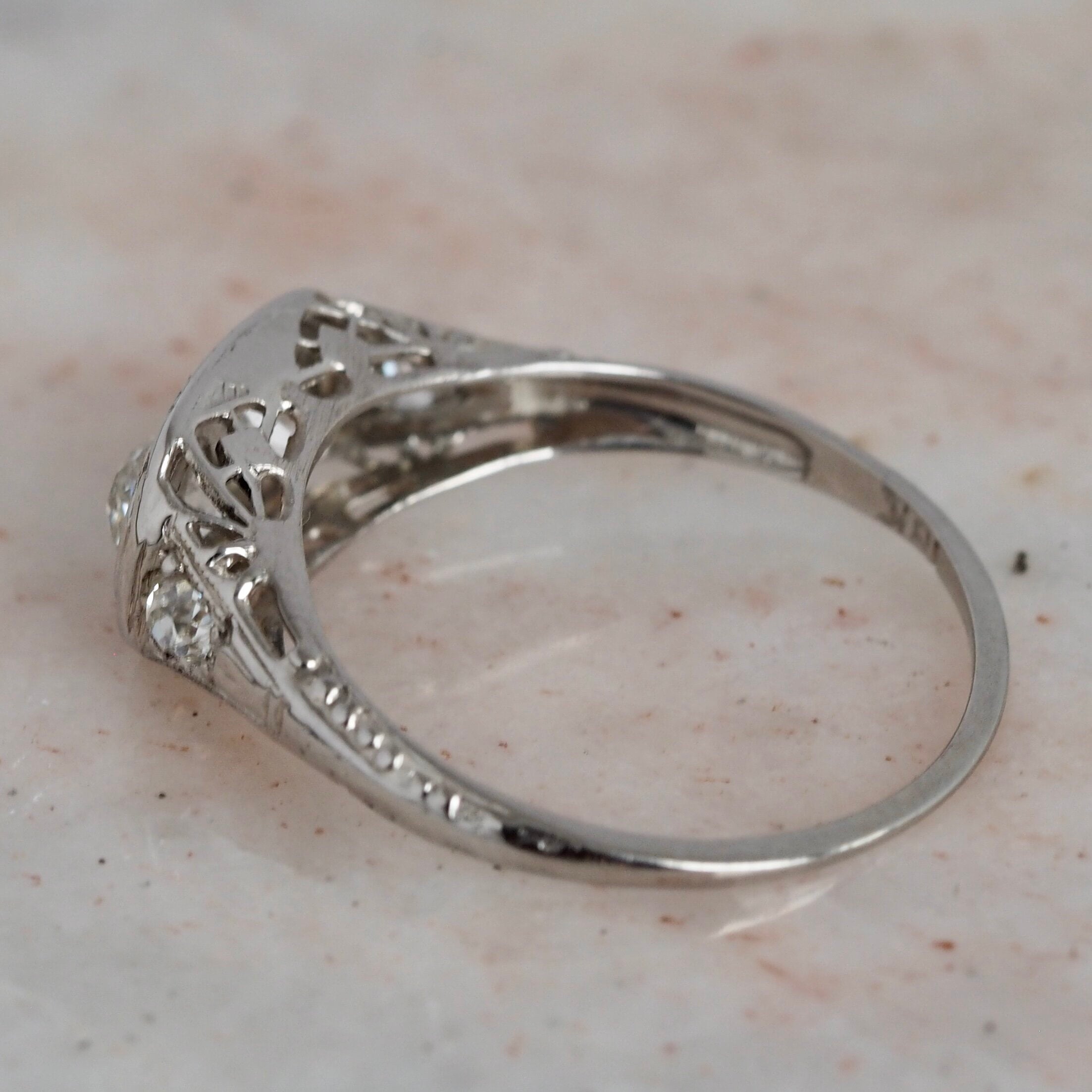 Art Deco Old Mine Cut Diamond Filigree 18k White Gold Engagement Ring