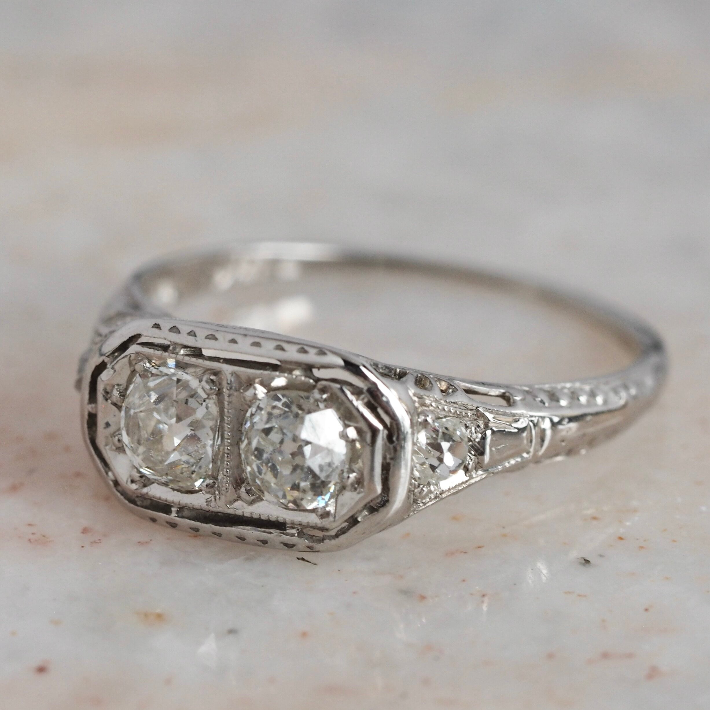Art Deco Old Mine Cut Diamond Filigree 18k White Gold Engagement Ring