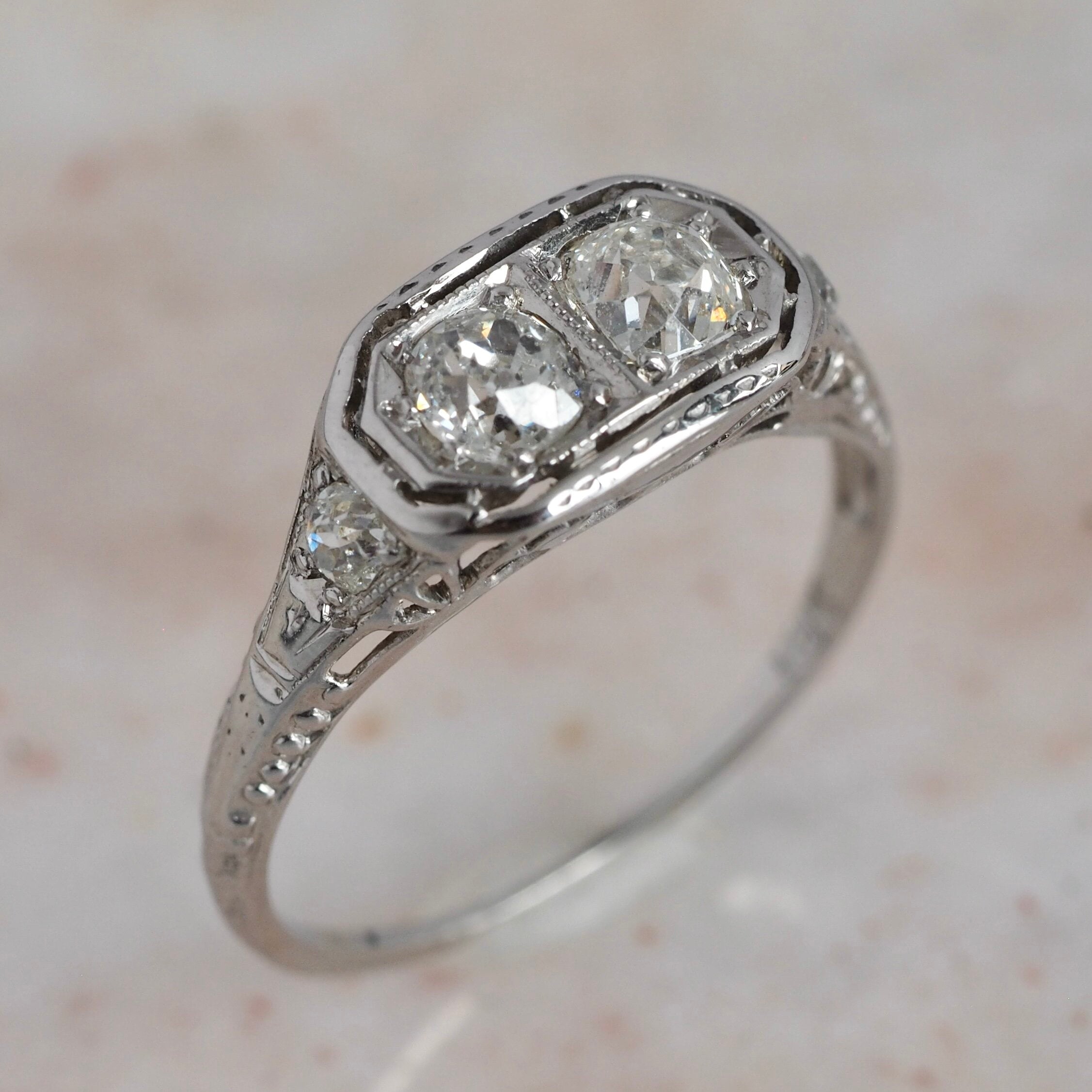 Art Deco Old Mine Cut Diamond Filigree 18k White Gold Engagement Ring