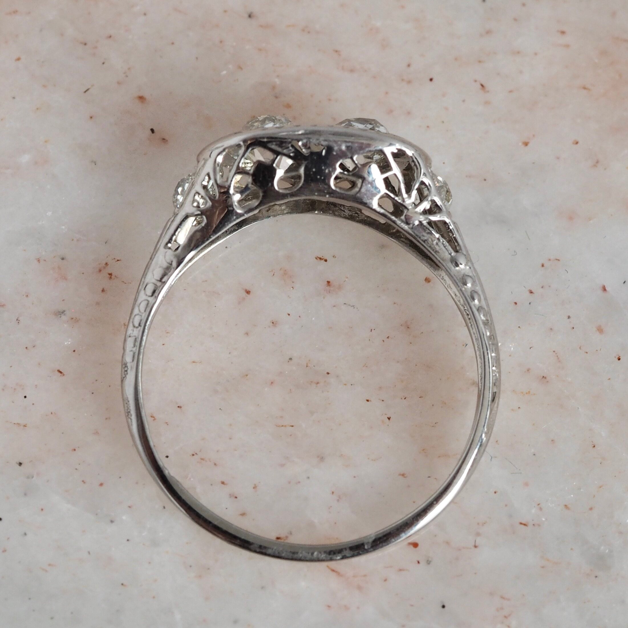 Art Deco Old Mine Cut Diamond Filigree 18k White Gold Engagement Ring
