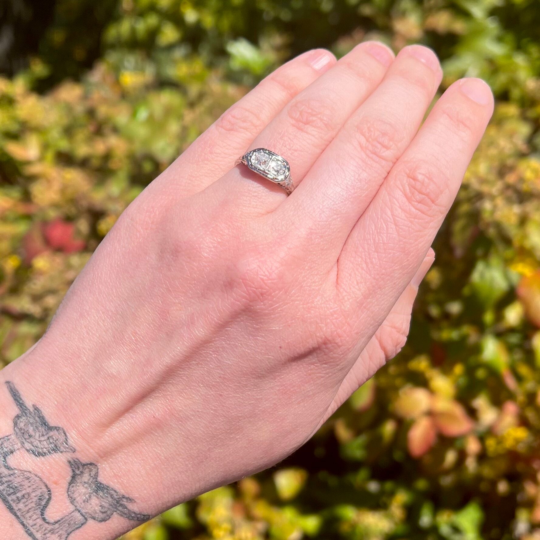 Art Deco Old Mine Cut Diamond Filigree 18k White Gold Engagement Ring