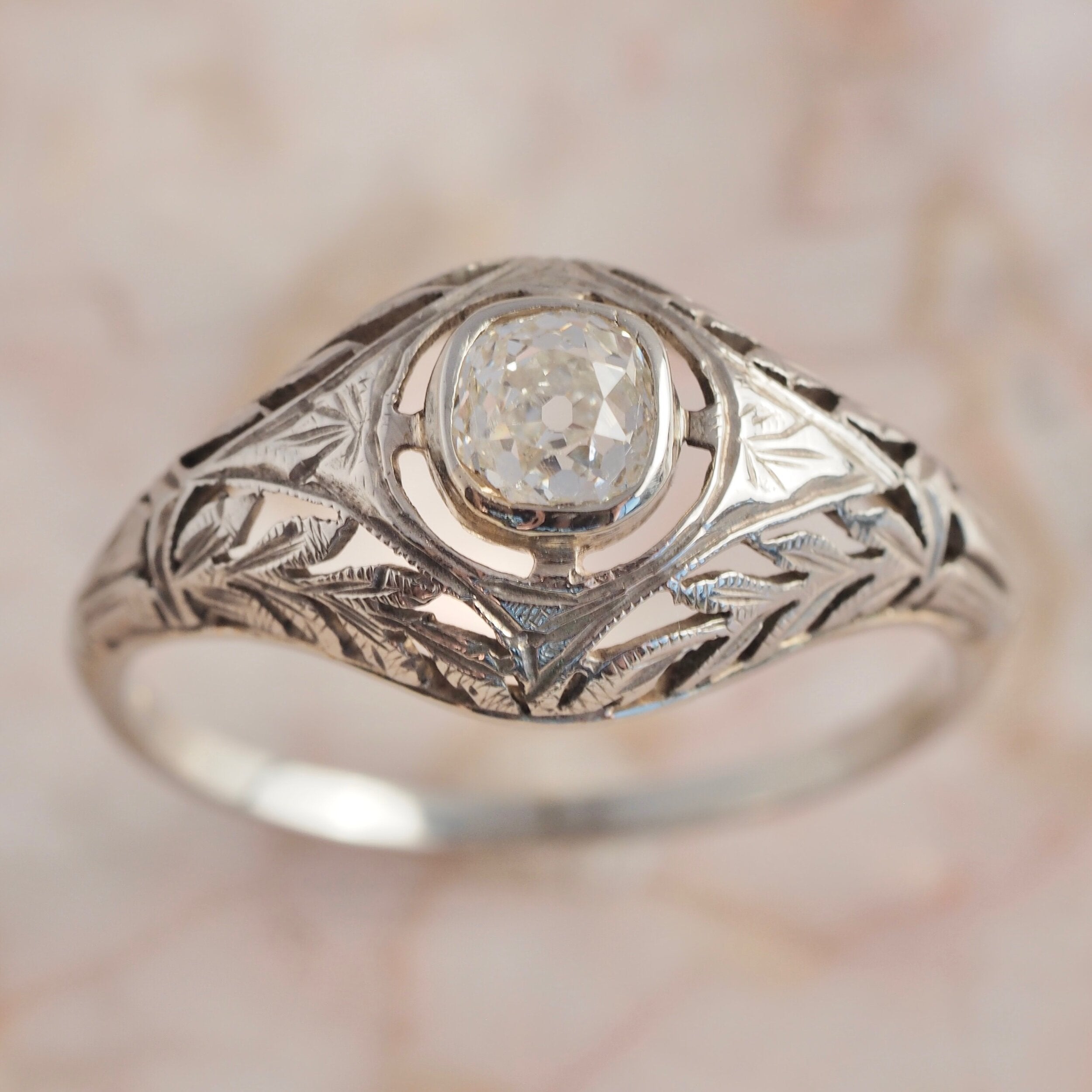 Art Deco Italian 14k Gold and Old Mine Cut Diamond Ring