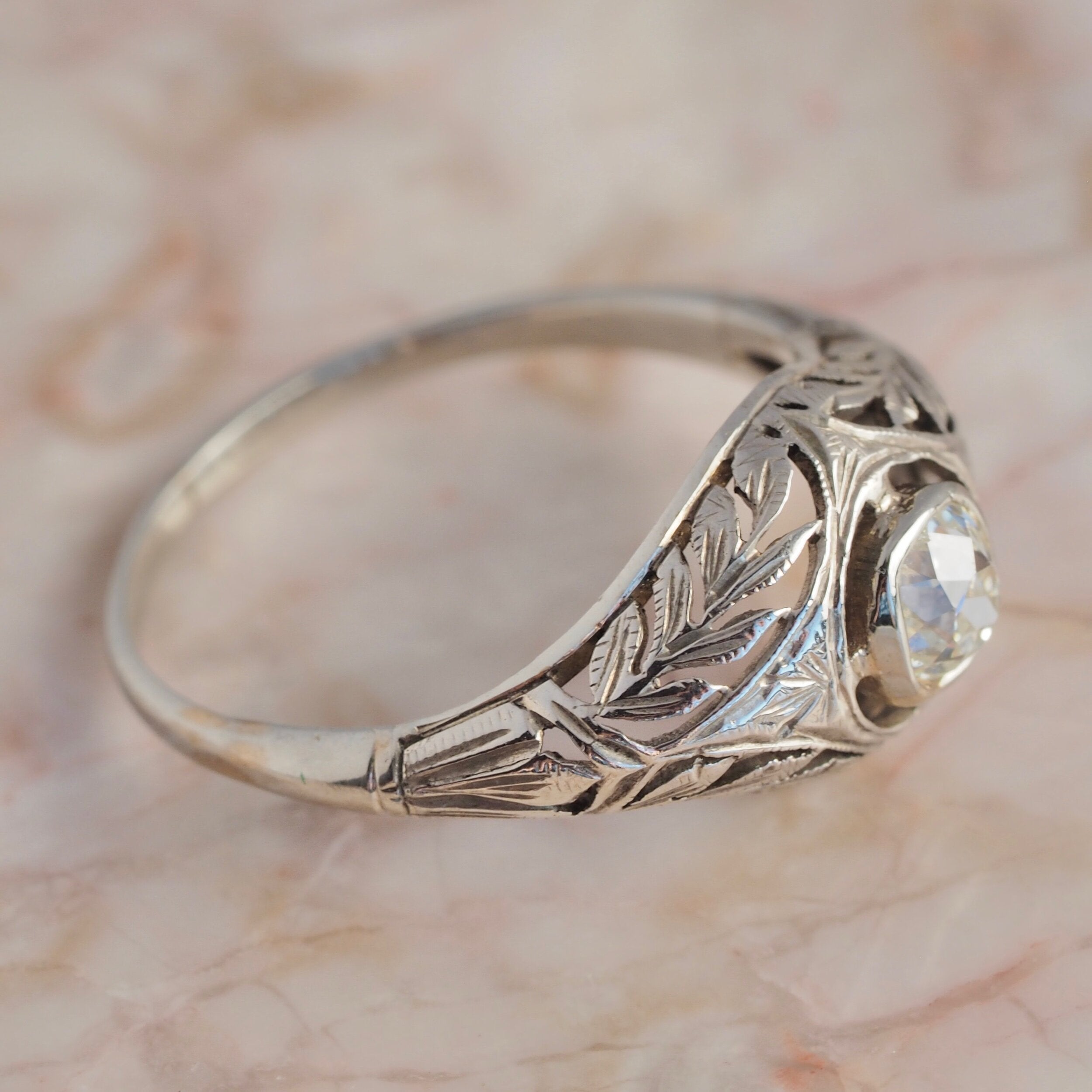Art Deco Italian 14k Gold and Old Mine Cut Diamond Ring