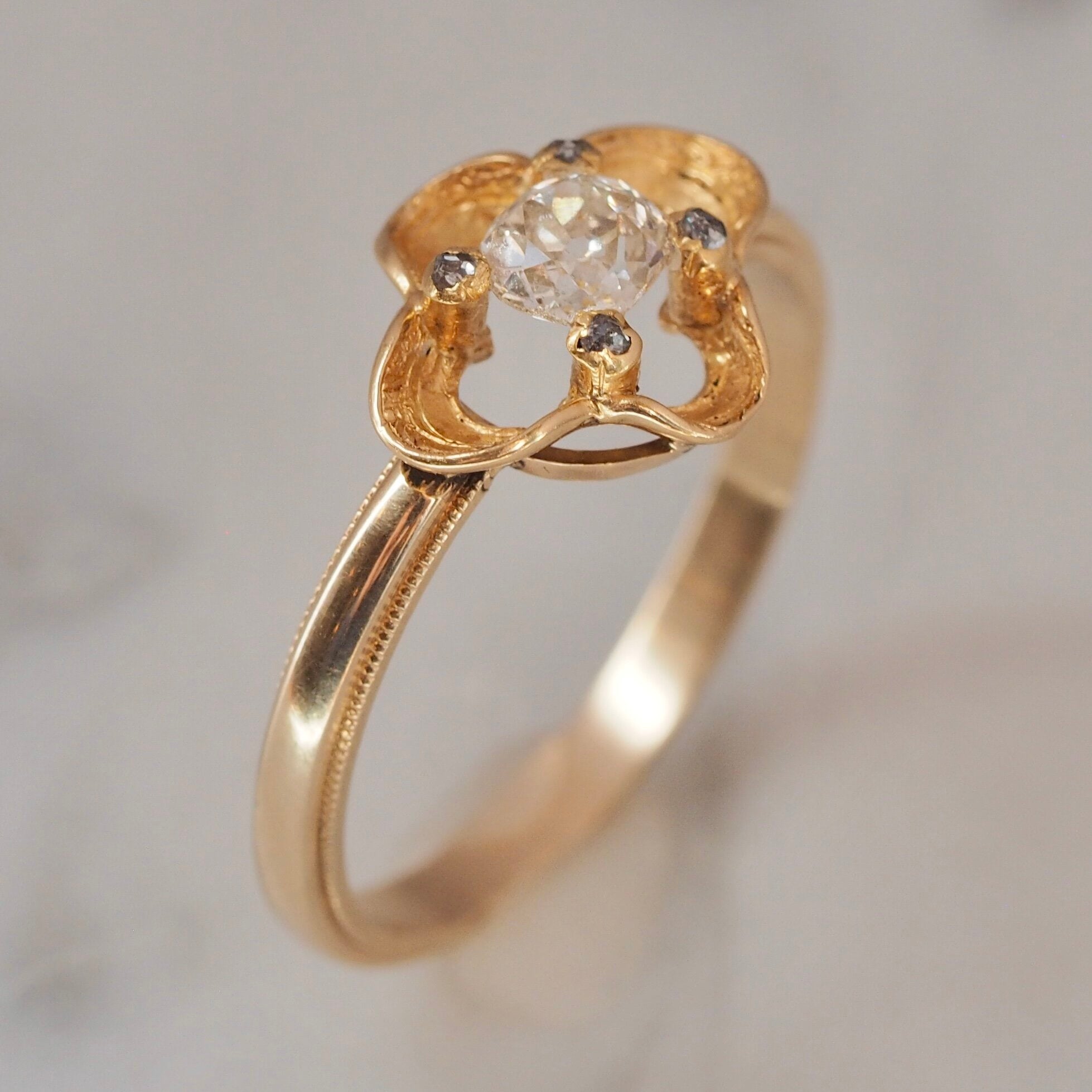 Art Nouveau 14k Gold Cushion and Rose Cut Diamond Ring