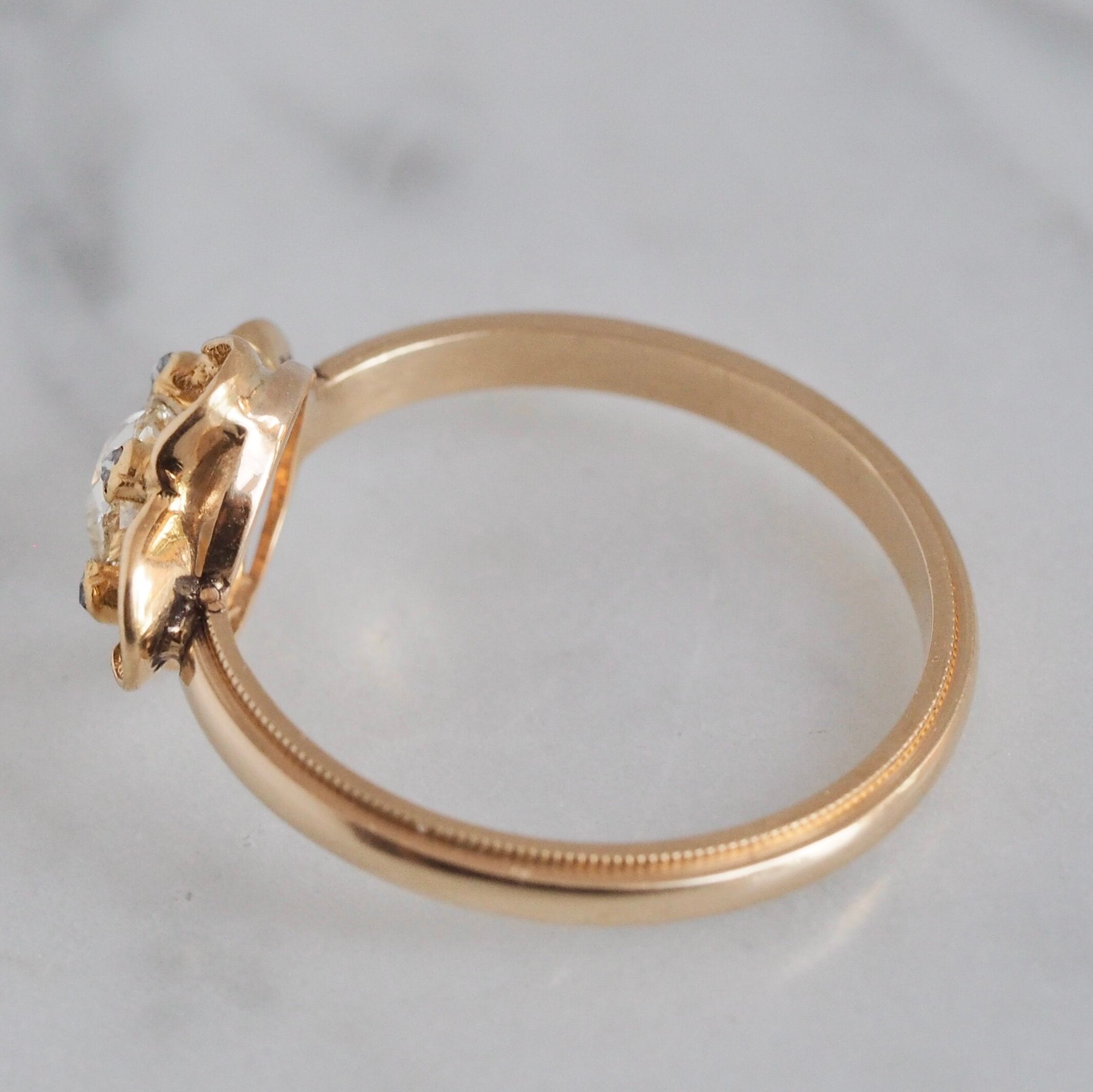 Art Nouveau 14k Gold Cushion and Rose Cut Diamond Ring