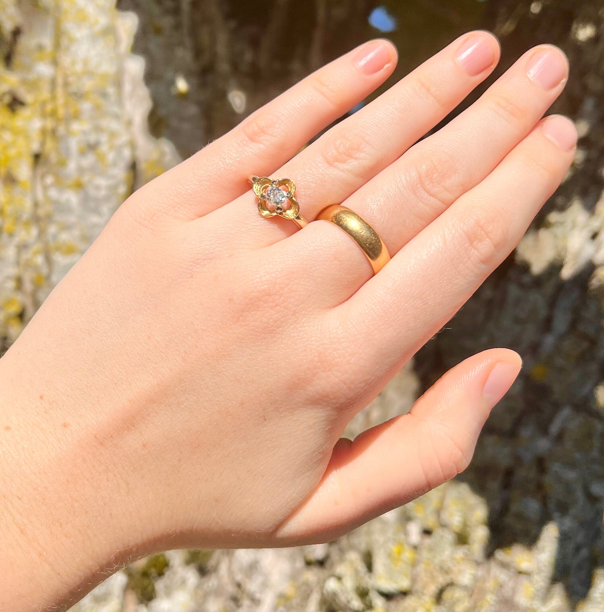 Art Nouveau 14k Gold Cushion and Rose Cut Diamond Ring