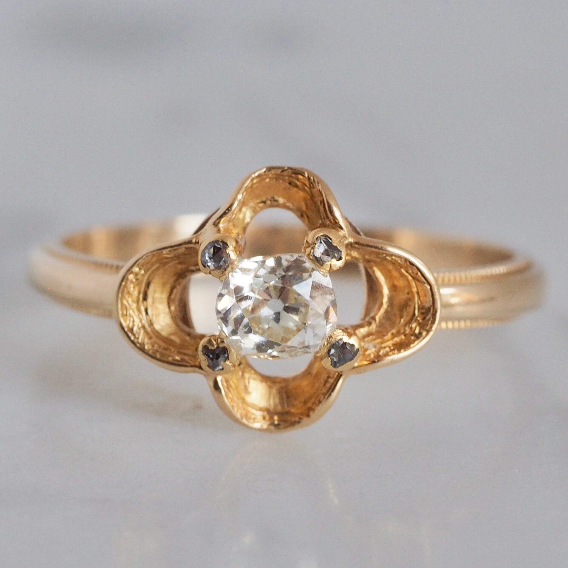 Art Nouveau 14k Gold Cushion and Rose Cut Diamond Ring
