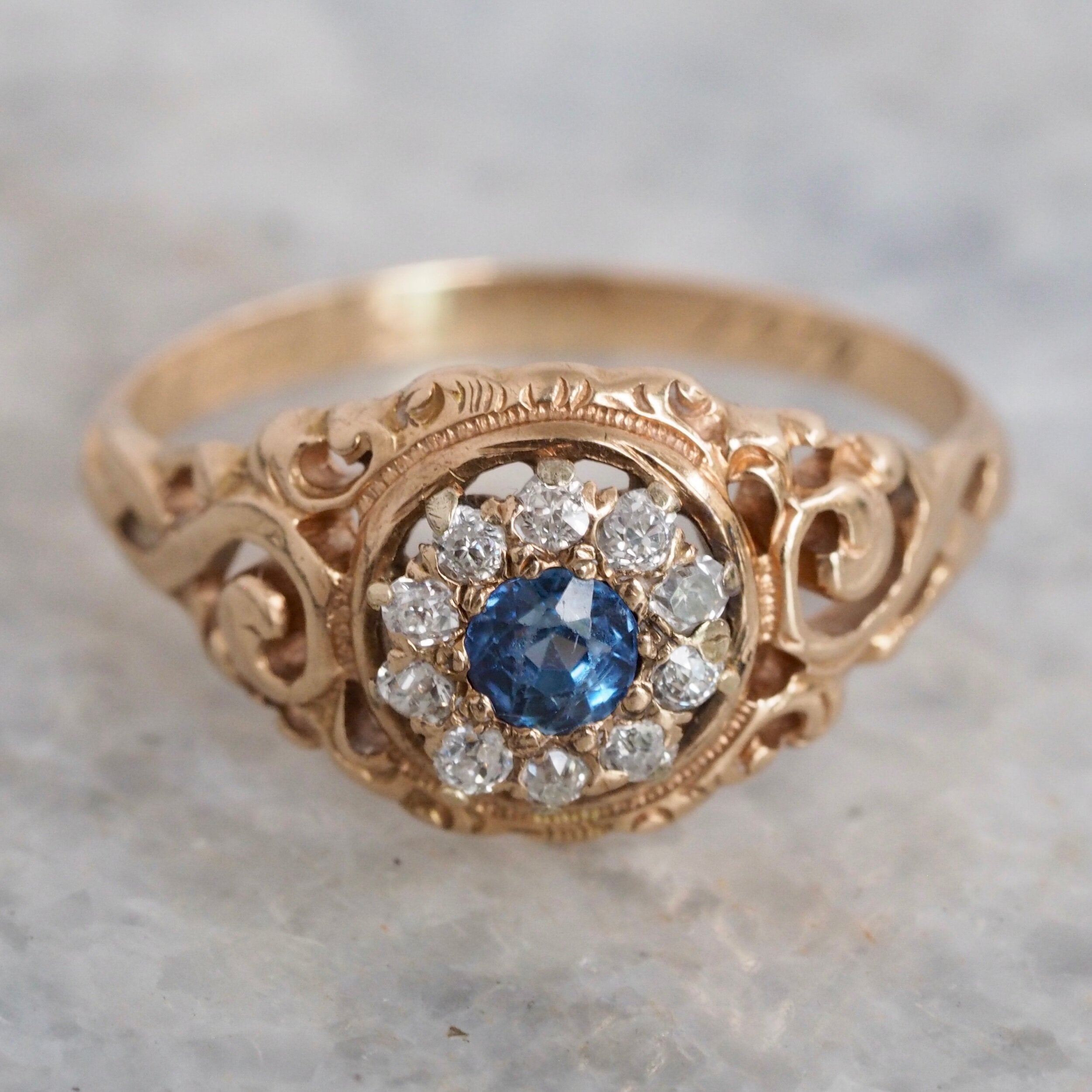 Art Nouveau 14k Gold Natural Sapphire and Diamond Halo Ring